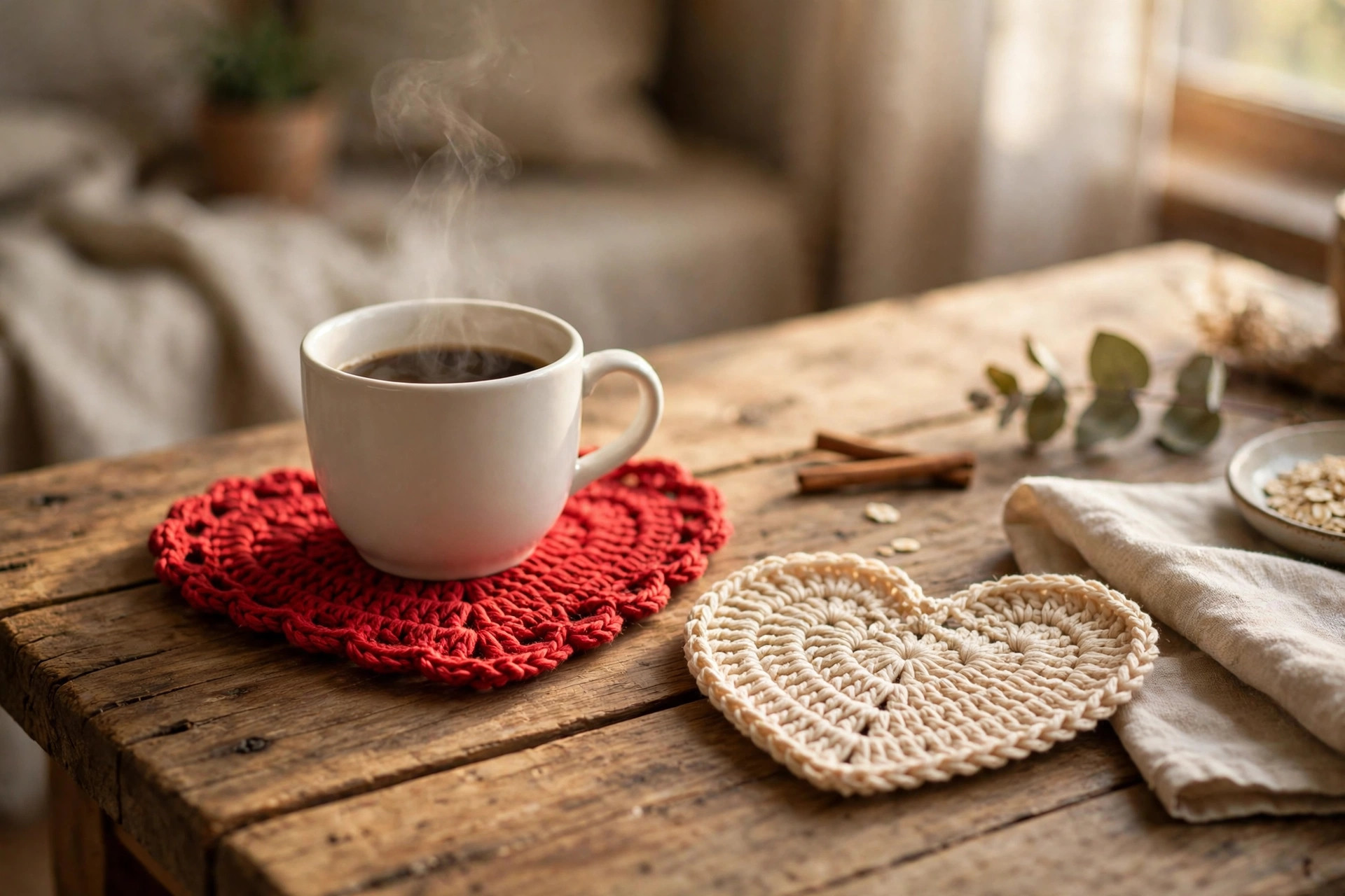 Red crocheted heart coaster under a white coffee mug with a cream heart coaster beside it on a wooden table