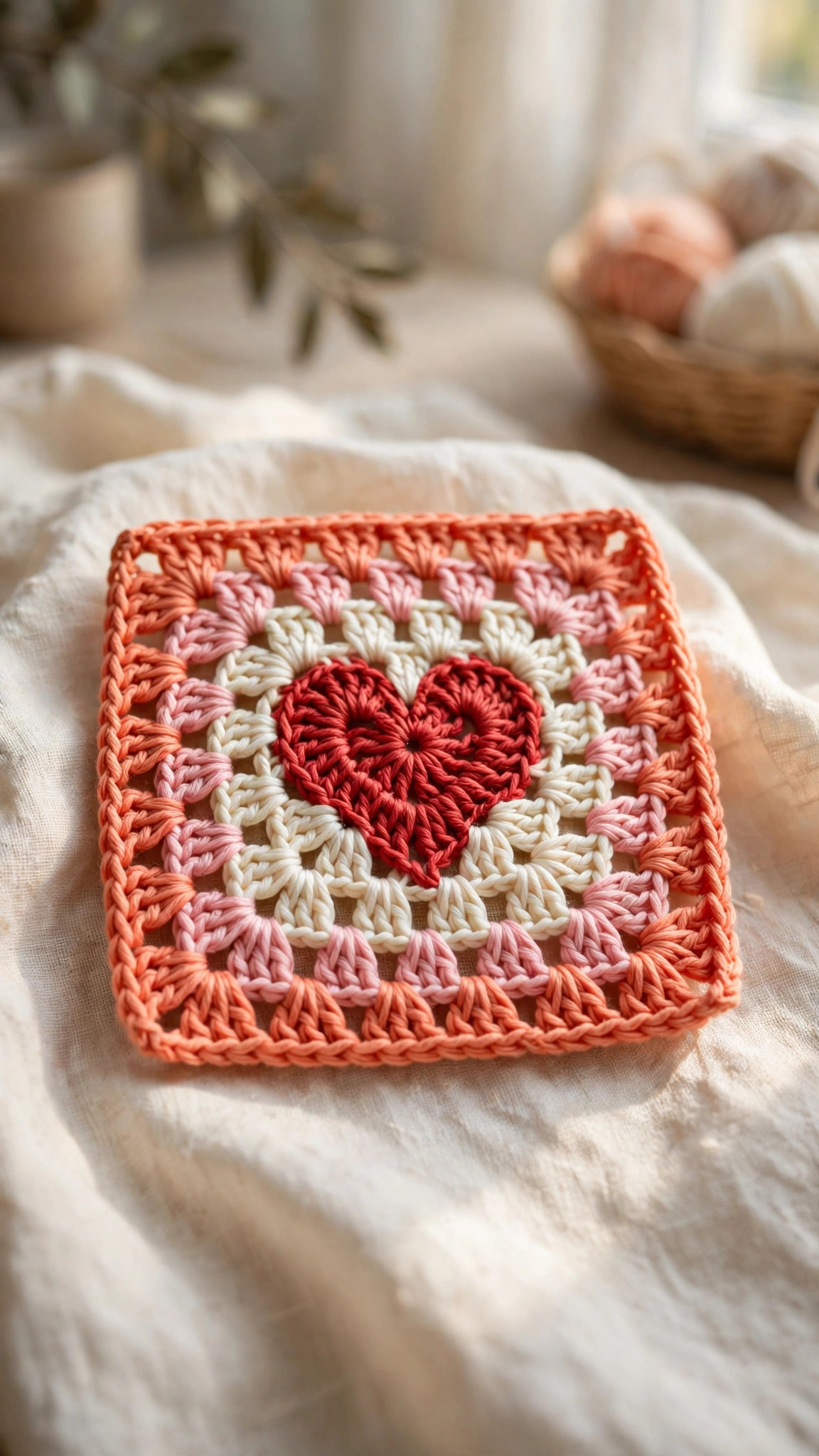 Heart granny square crochet pattern: handmade crocheted granny square with a red heart motif on cream with pink and coral rounds