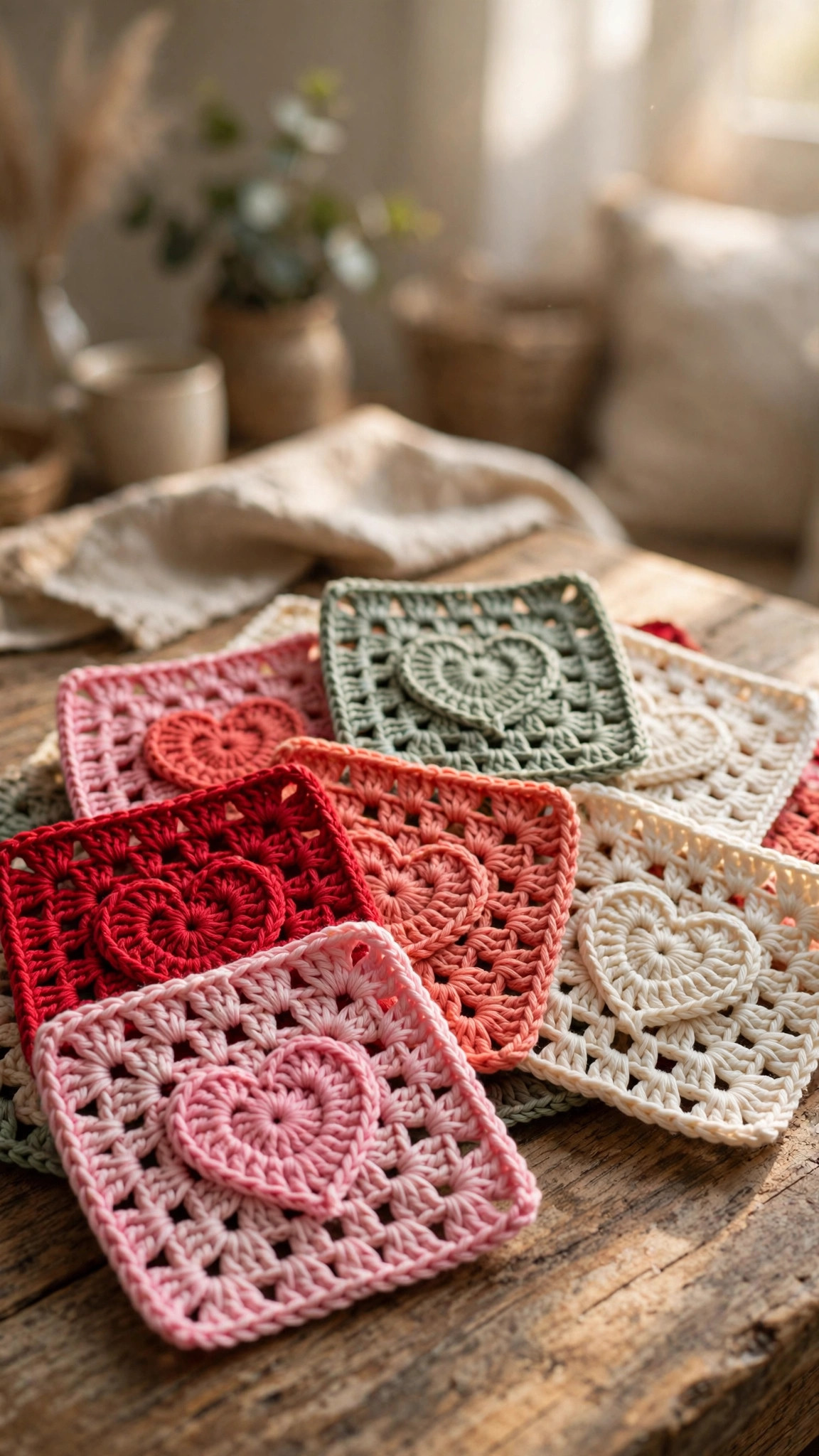 A fanned stack of colorful handmade crocheted granny squares with heart motifs in pink, red, coral, cream and sage yarn on a wooden table, heart granny square crochet pattern