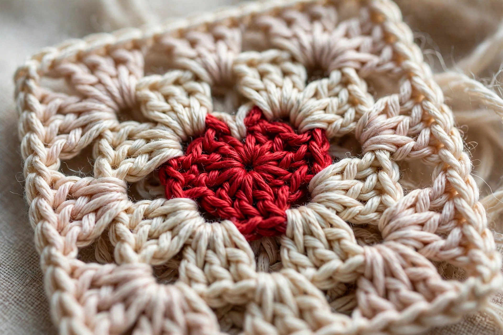 Close-up detail of the red heart motif center of a crocheted granny square showing neat stitches and crisp yarn texture, heart granny square crochet pattern