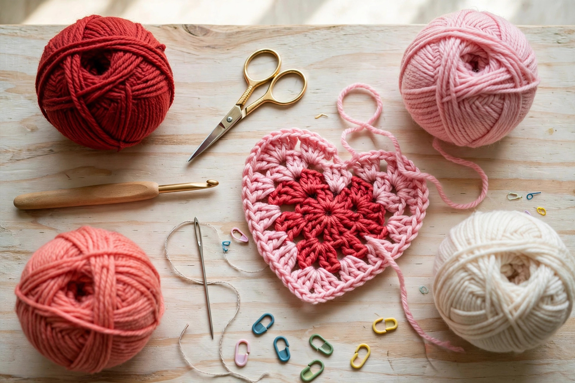 Flat lay of yarn balls in red, pink, coral and cream with a wooden crochet hook, scissors and a partly finished heart granny square, heart granny square crochet pattern