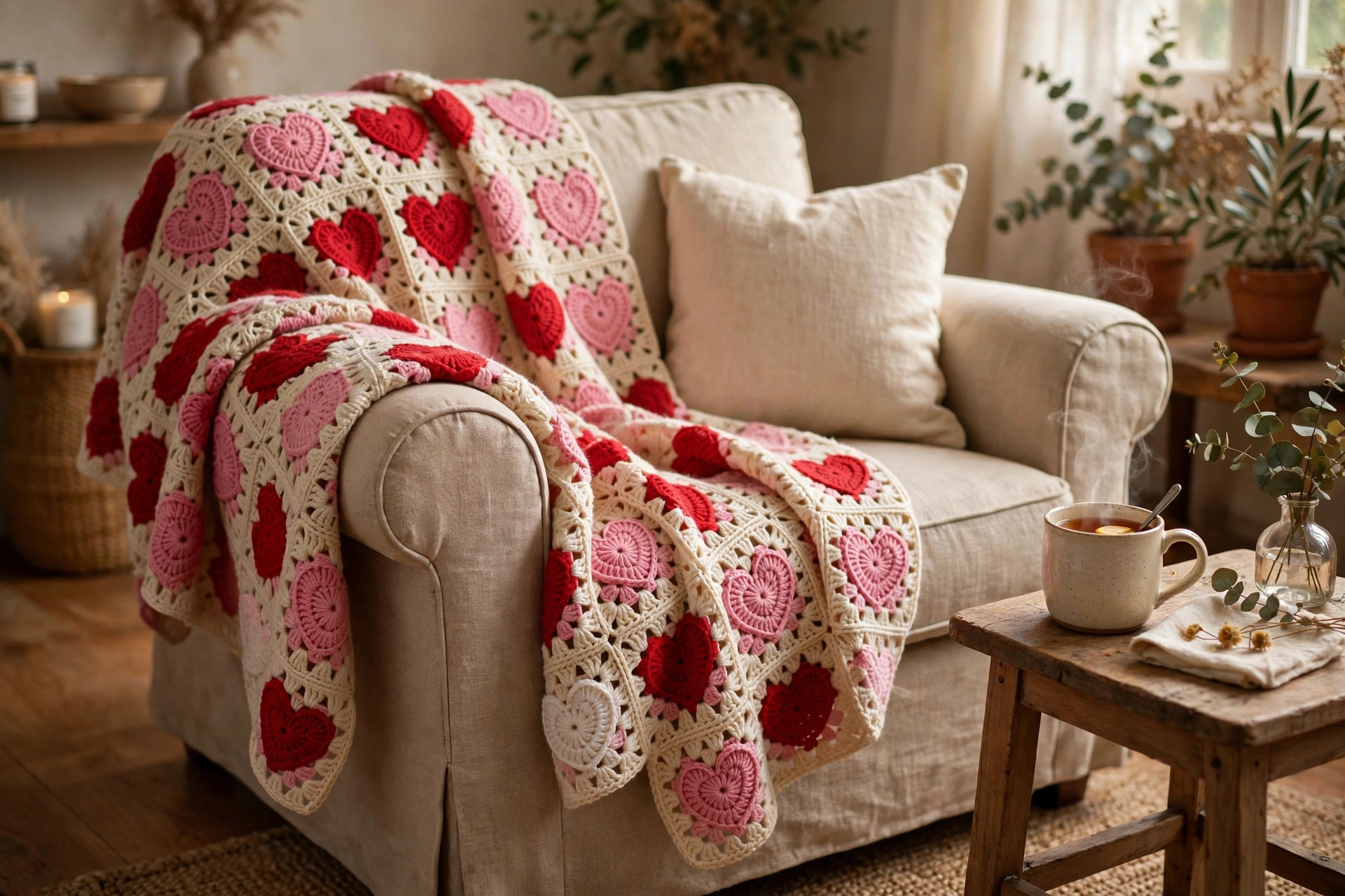 A handmade crocheted blanket of heart granny squares in pink, red and cream draped over a cozy armchair next to a cup of tea, heart granny square crochet pattern