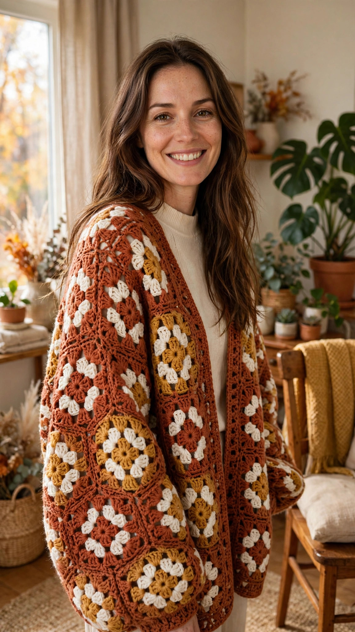Hexagon sweater crochet pattern, finished granny hexagon cardigan in terracotta, cream and mustard worn by a smiling woman