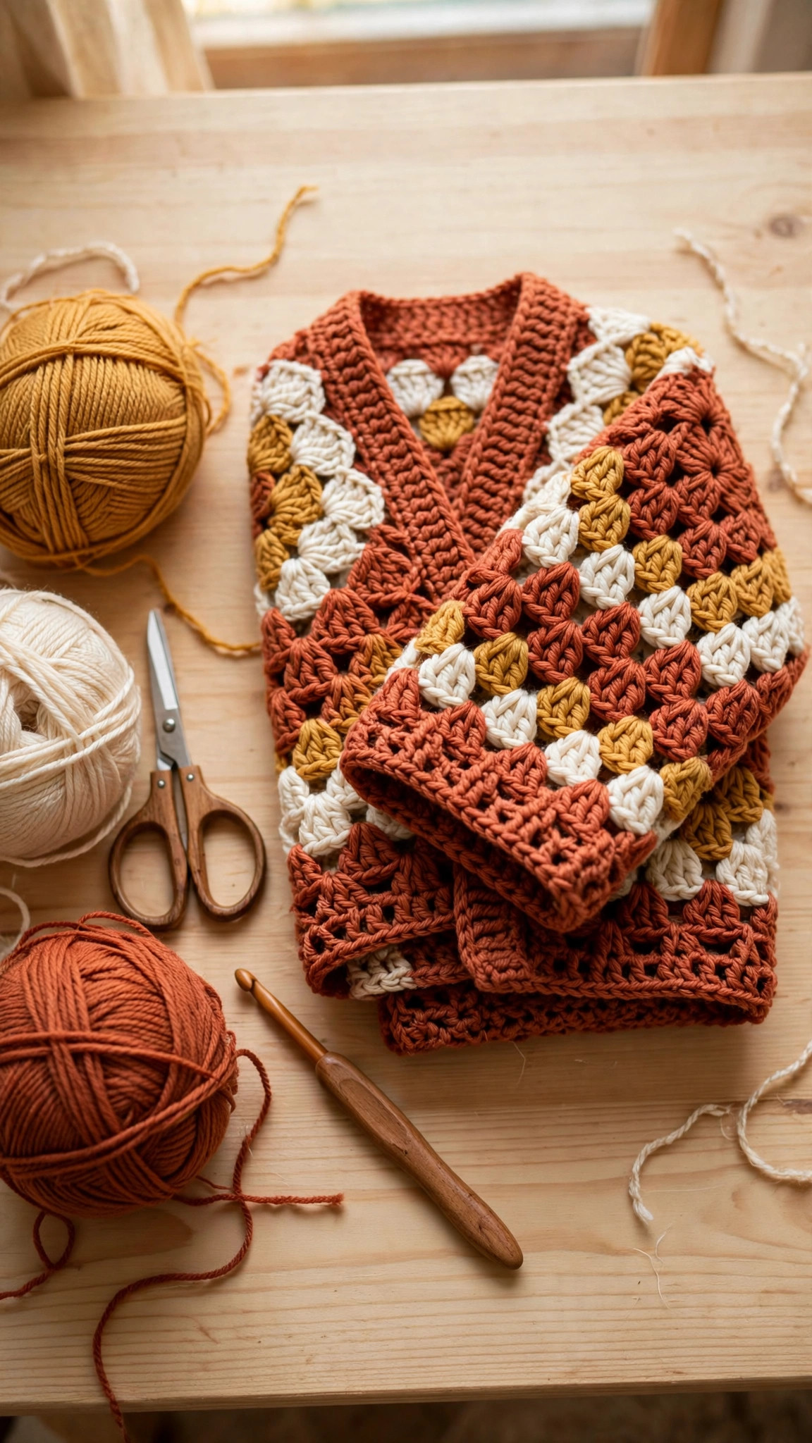 Folded hexagon sweater crochet pattern cardigan in terracotta, cream and mustard with yarn balls, hook and scissors on a wooden table