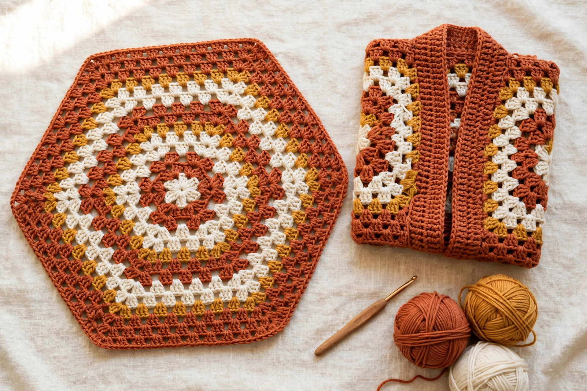 Two crochet granny hexagons in terracotta, cream and mustard, one folded to show the cardigan shape forming