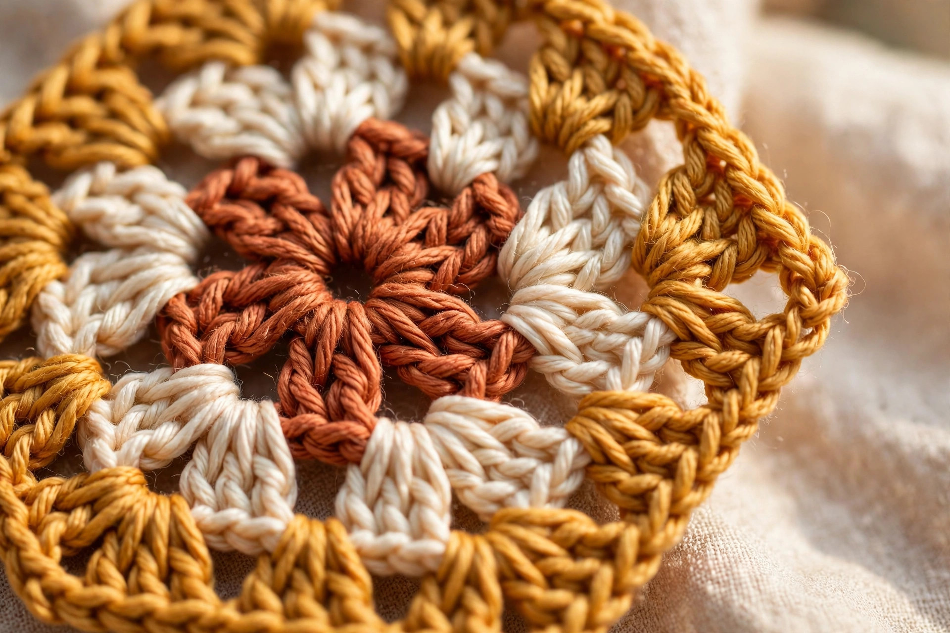 Close-up of granny hexagon crochet stitches in terracotta, cream and mustard yarn