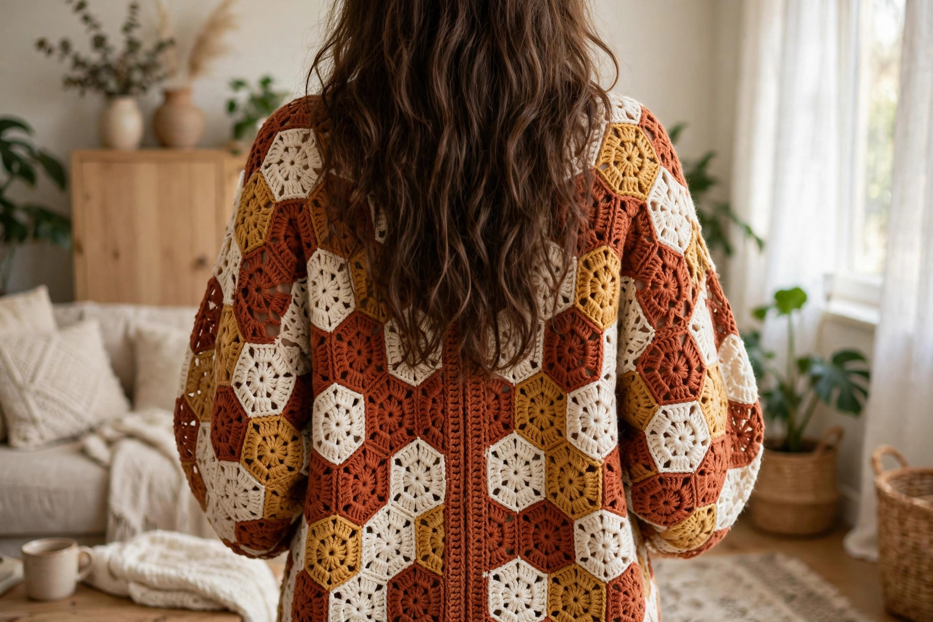 Back view of a hexagon sweater crochet pattern cardigan in terracotta, cream and mustard granny hexagons
