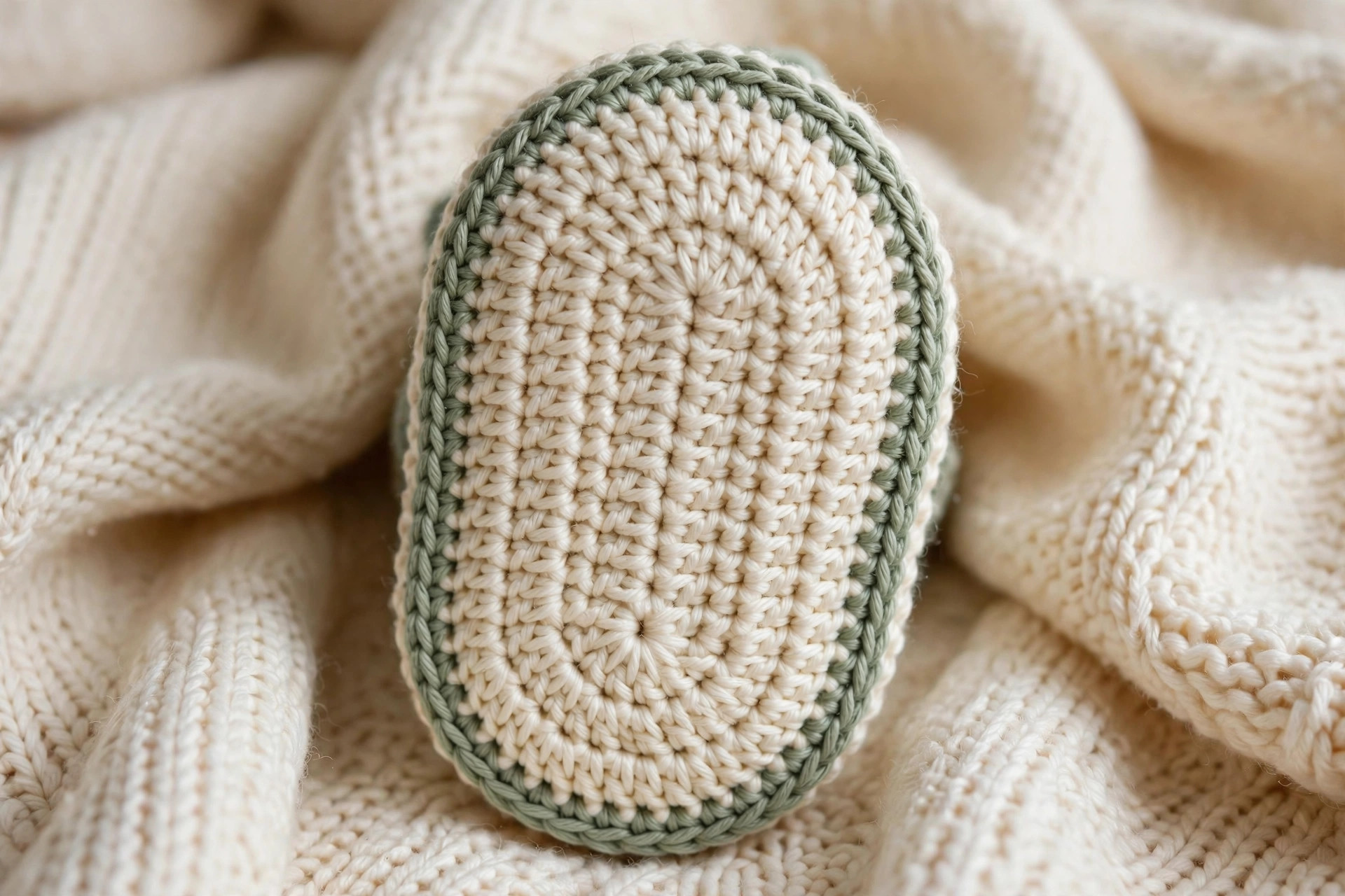 Close-up of a crochet baby bootie sole showing neat single crochet stitches and oval shaping