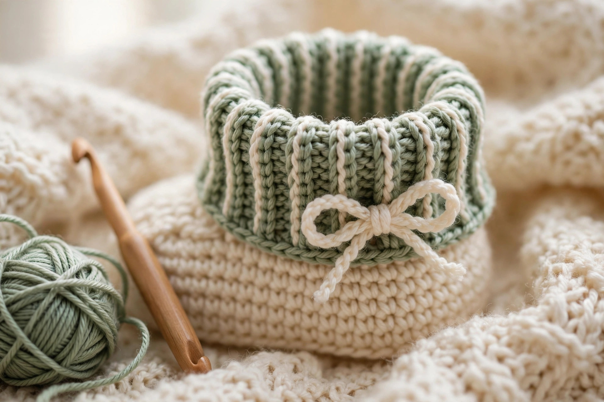 Close-up of a crochet baby bootie cuff showing the ribbed half double crochet cuff and a tiny yarn bow