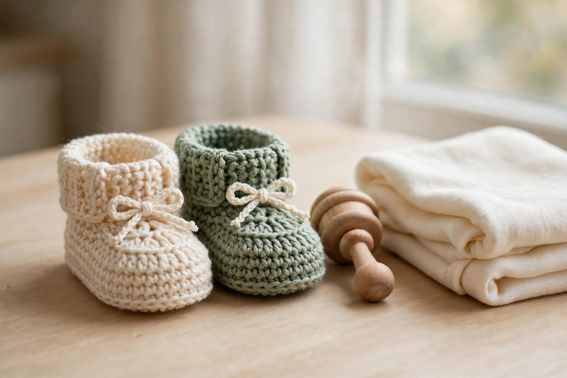 Pair of crochet baby booties in cream and sage green presented as a baby shower gift with a wooden rattle and folded blanket