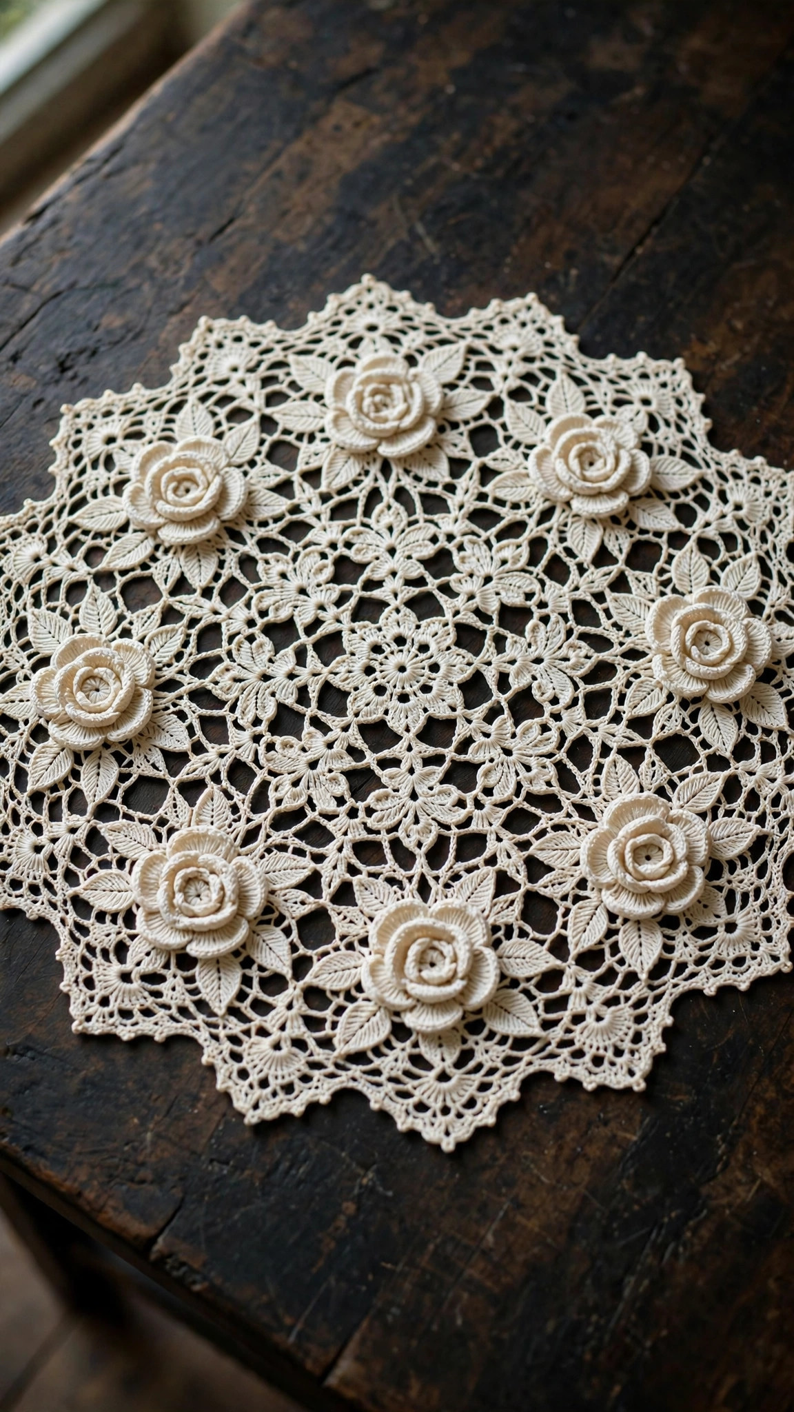 Irish lace crochet patterns free — white doily with raised rose motifs, shamrock leaves, chain mesh and scalloped edging on a dark wooden table