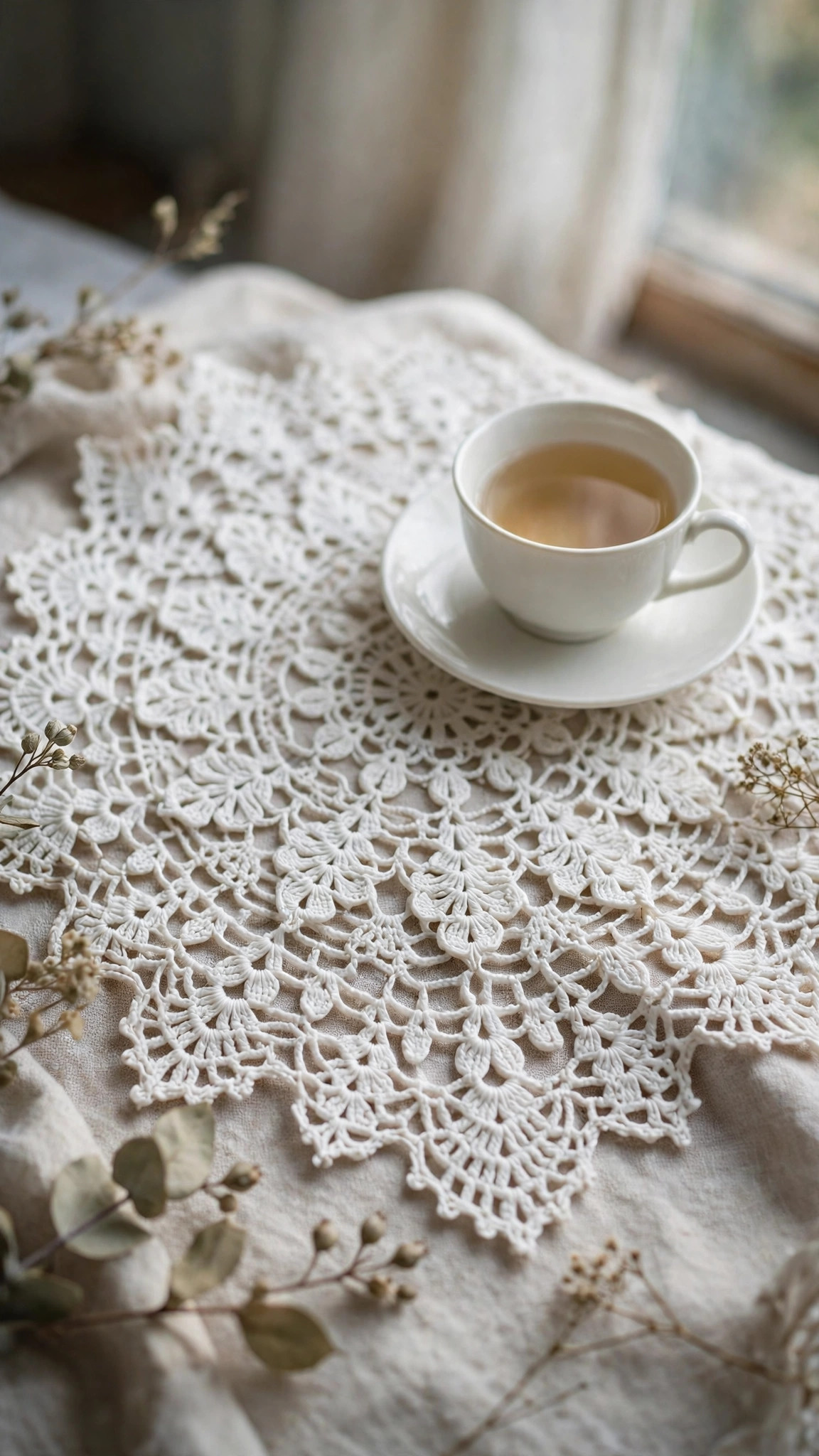 Irish lace doily styled with a teacup in soft window light showing raised roses and mesh