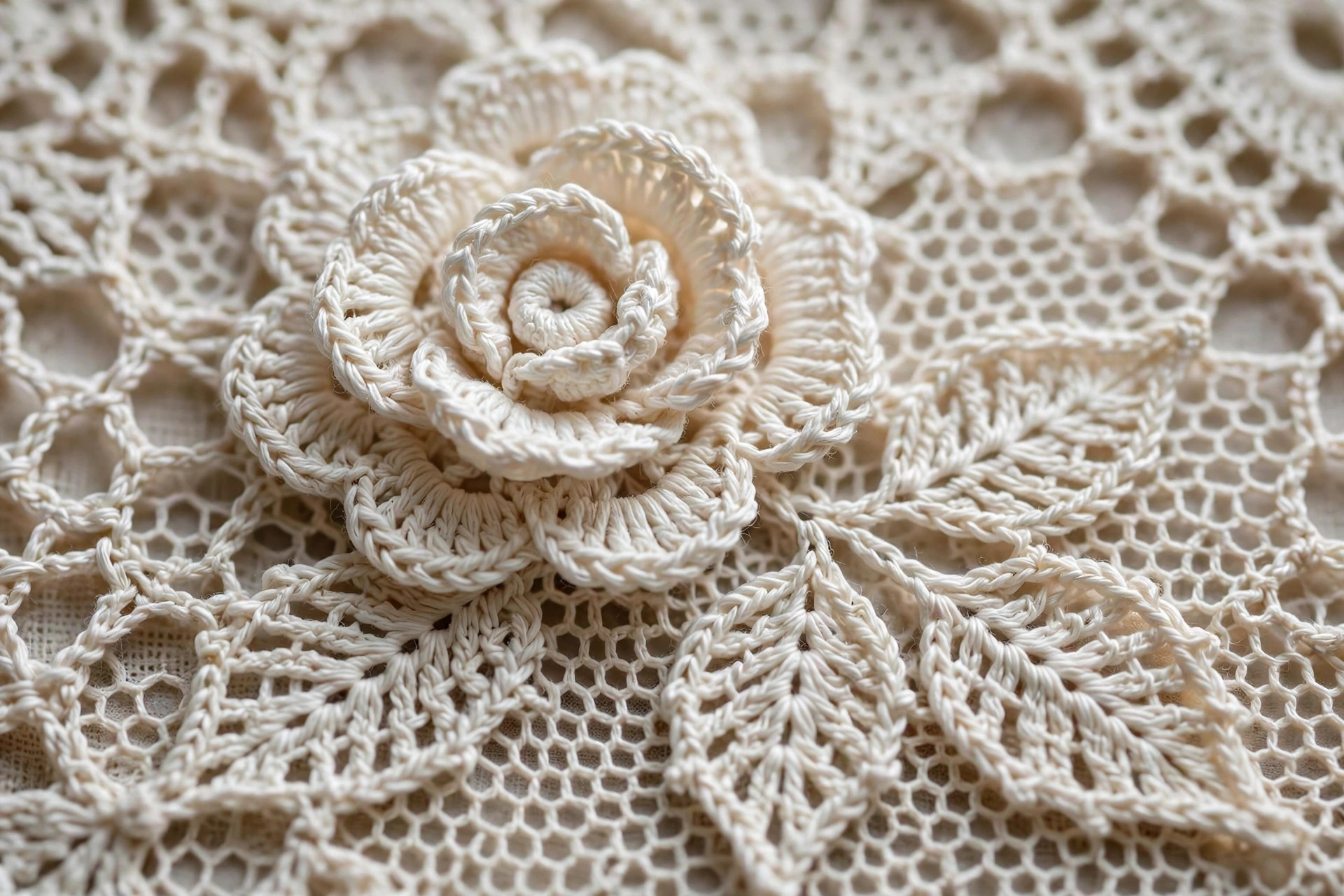 Extreme close-up of a raised crochet rose motif and leaf spray with fine mesh background