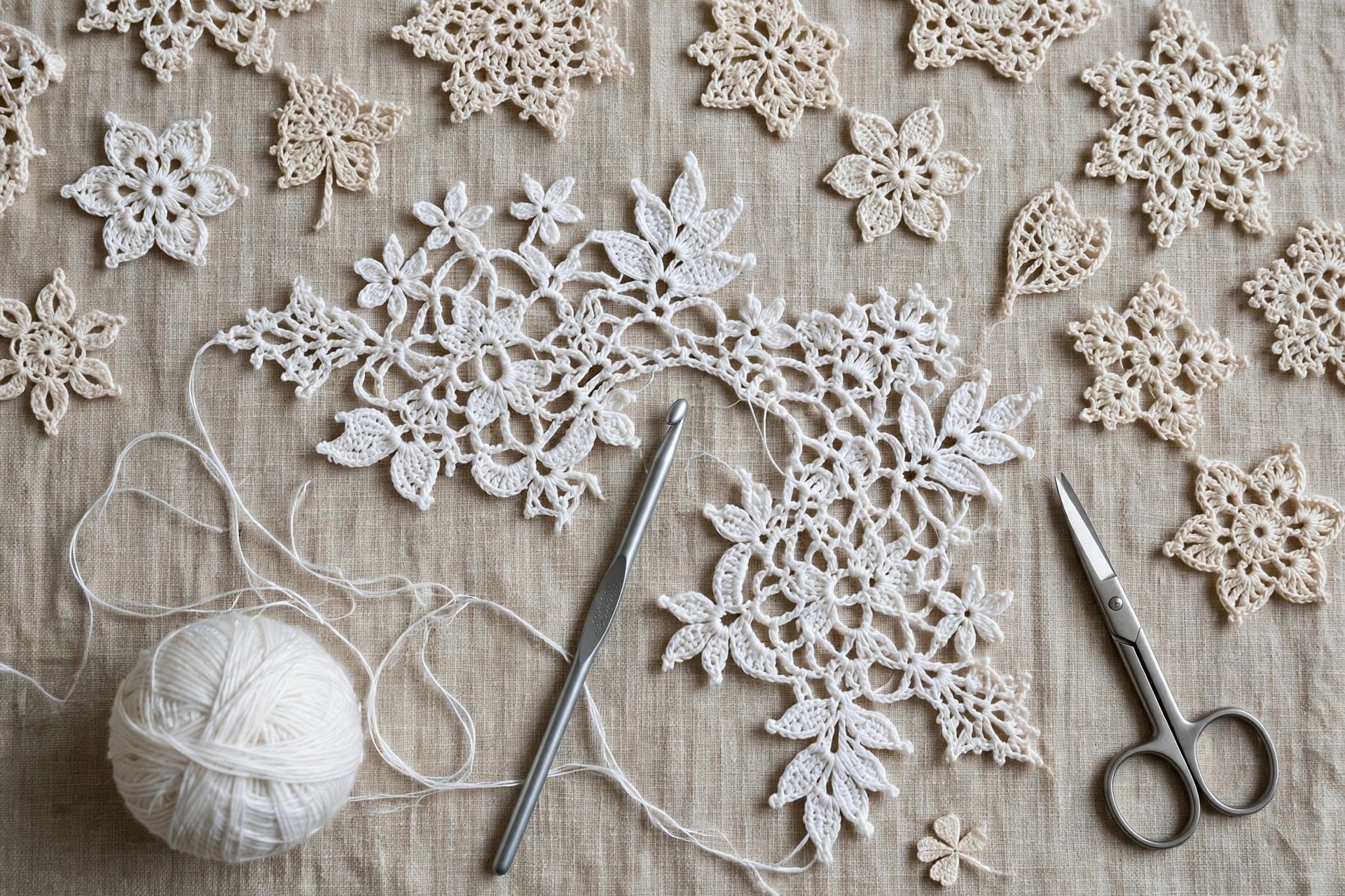 Overhead flat lay of Irish lace motifs in progress with a ball of white cotton thread, steel hook and scissors