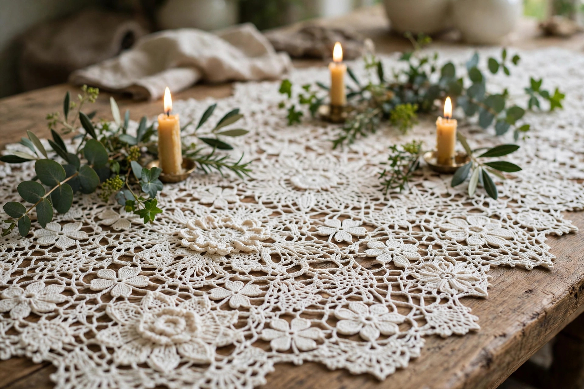 Finished Irish lace doily used as a table centrepiece with candles and greenery