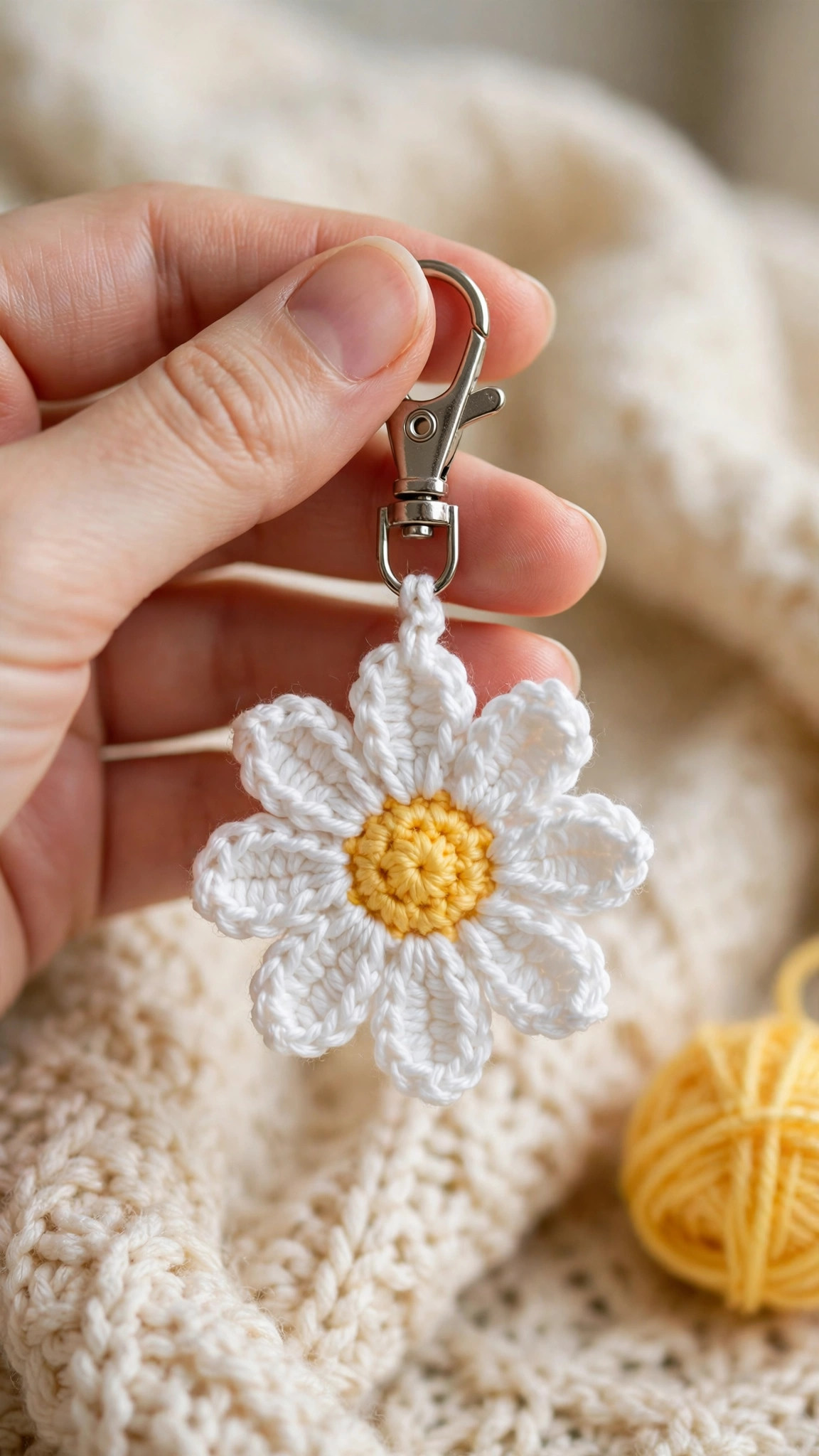 Hand holding a white crochet daisy flower keyring with a yellow center and silver lobster clasp — free crochet keyring pattern