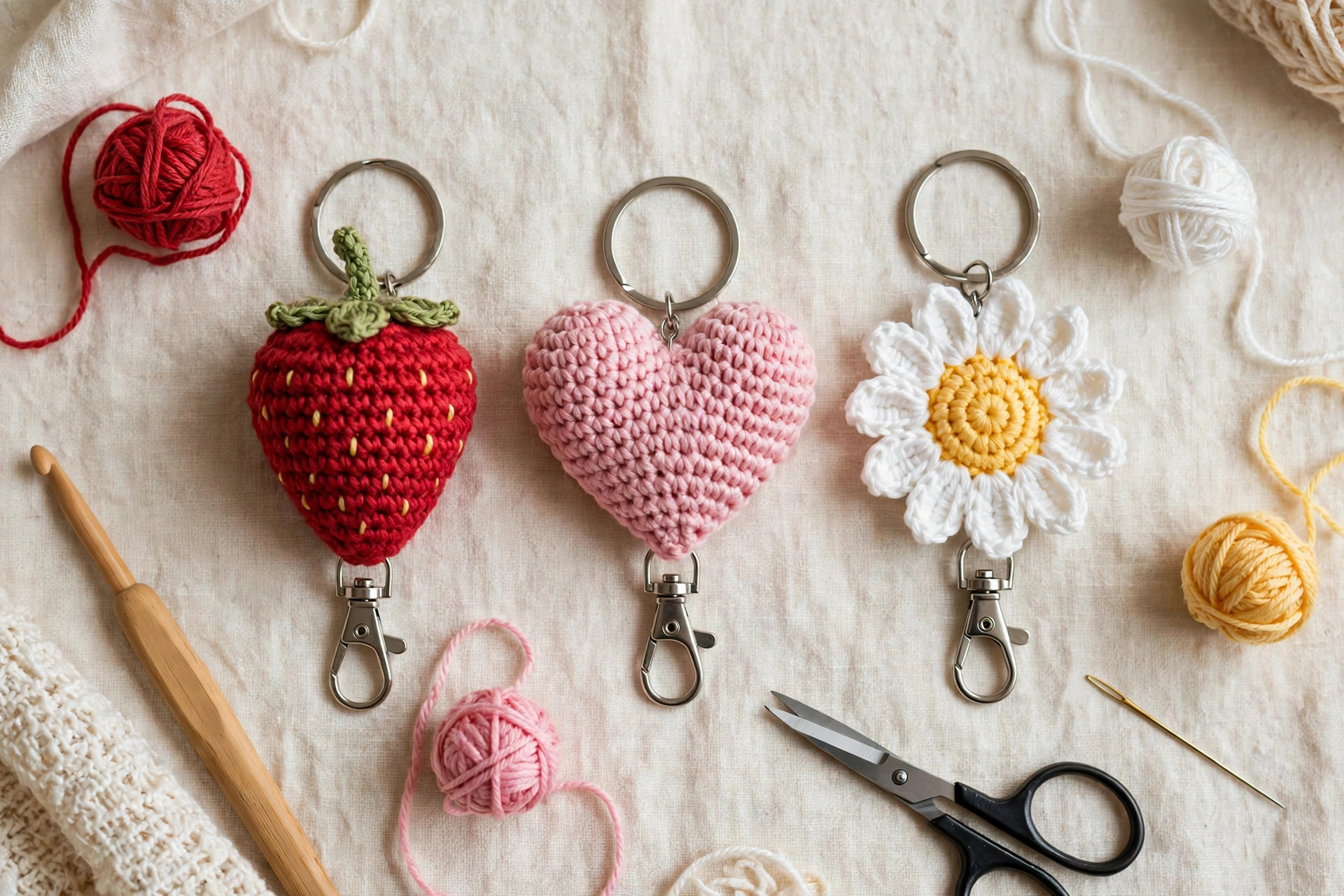 Flat lay of three finished crochet keyrings, a red strawberry, a pink heart and a white daisy, with yarn balls, a crochet hook and scissors