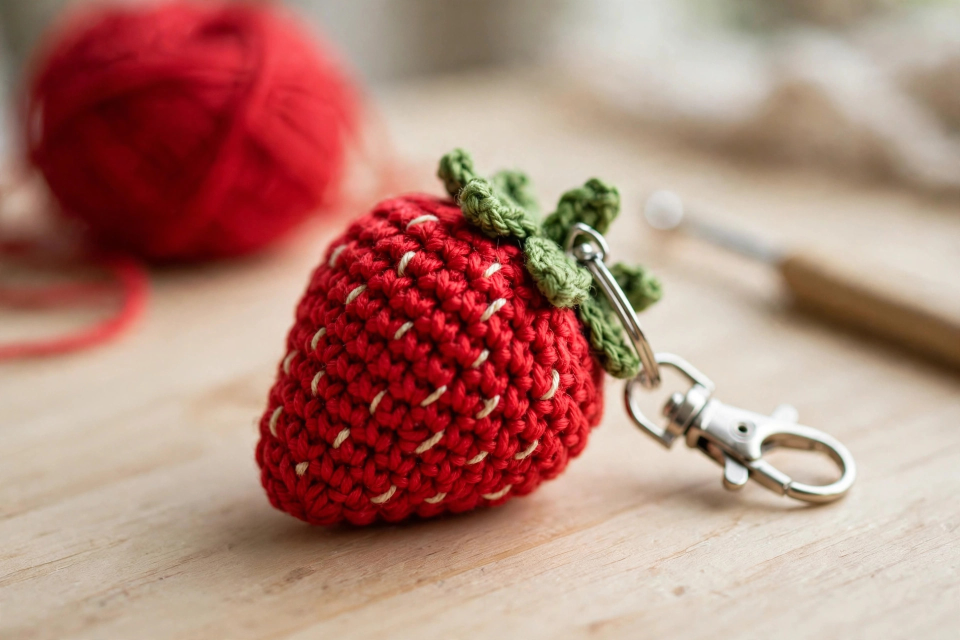 Close-up of a red crochet strawberry keyring with cream seed stitches and green leaves on a wooden table