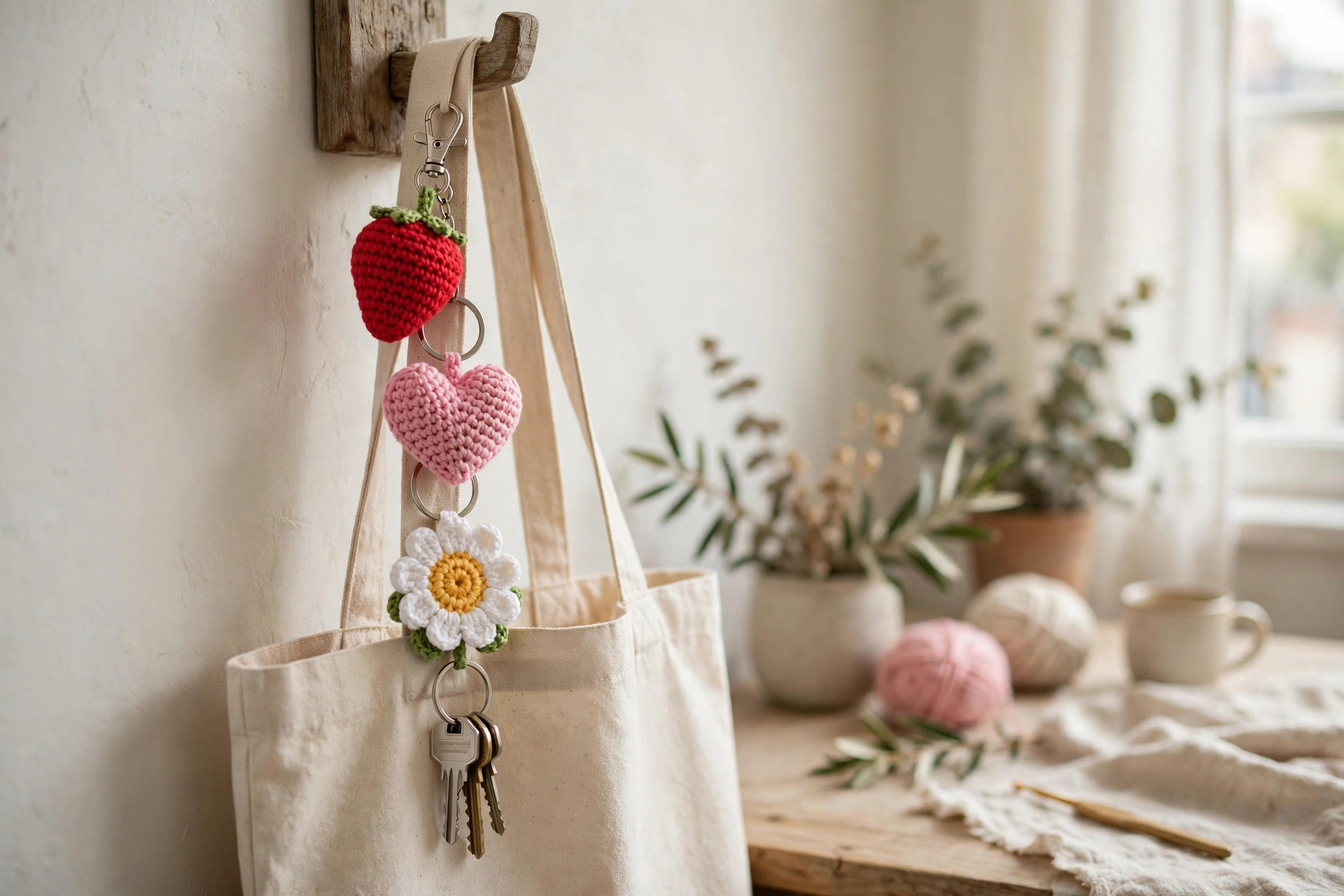 Canvas tote bag hanging on a hook with three crochet keyrings clipped to the strap: strawberry, heart and daisy