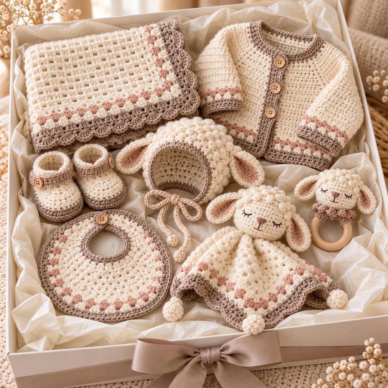 The finished seven-piece set presented in a gift box