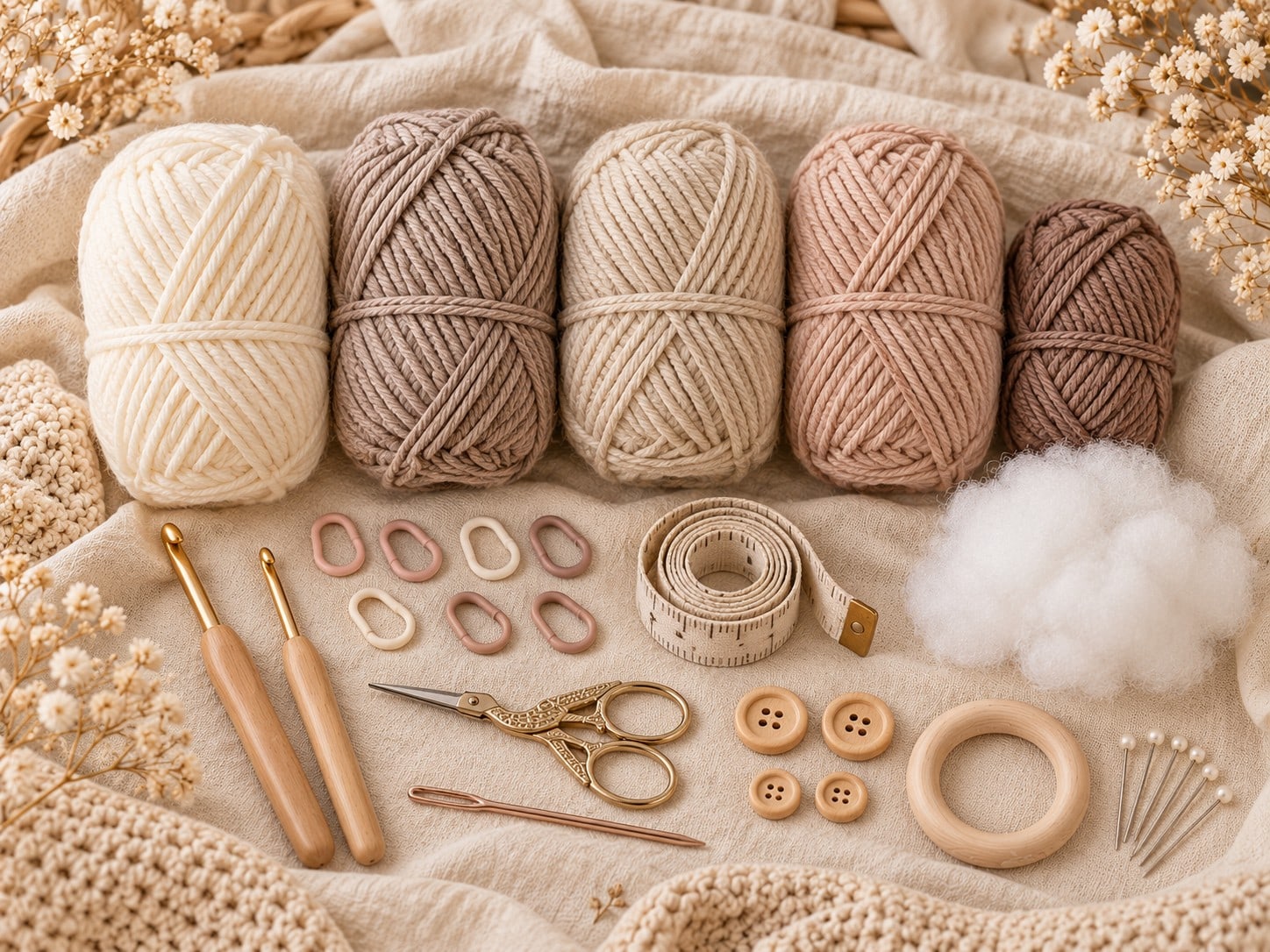 Yarn palette and materials flat lay for the Little Lamb set