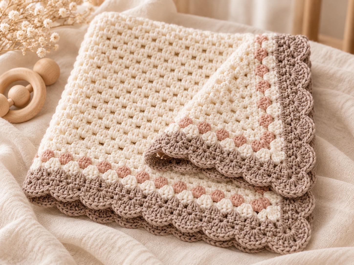 Finished heirloom baby blanket with textured rows and scalloped border