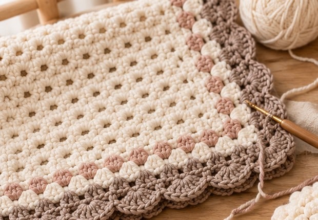 Close-up of the blanket border and scalloped edge