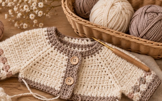 Detail of the cardigan front band and wooden buttons