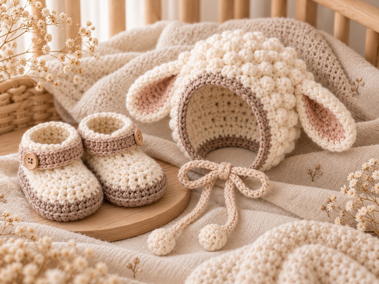 Bonnet and booties from the Little Lamb set