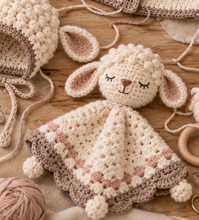 Close-up of the lovey's woolly crown and embroidered face