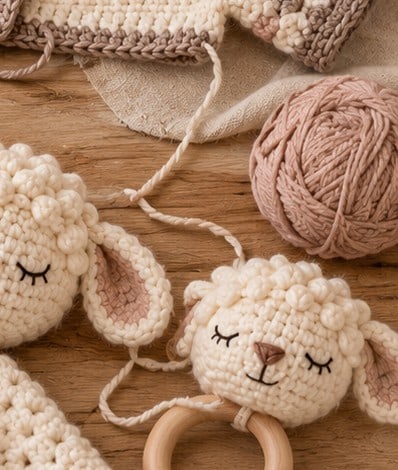 Close-up of the lovey and rattle lamb heads with embroidered faces