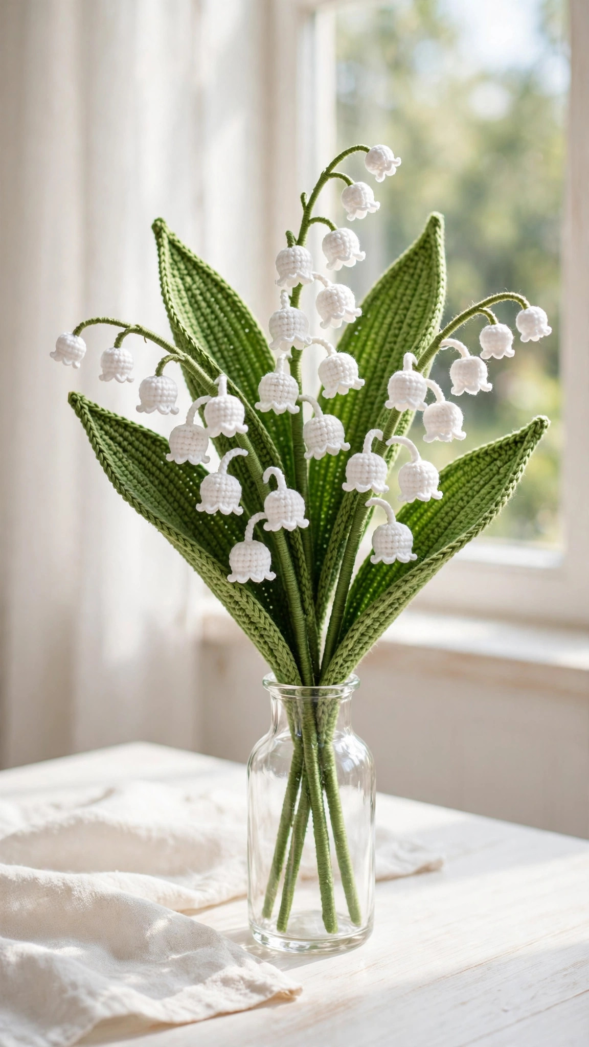 Free lily of the valley crochet pattern free — handmade crochet stems with white bell flowers and green leaves in a small glass vase