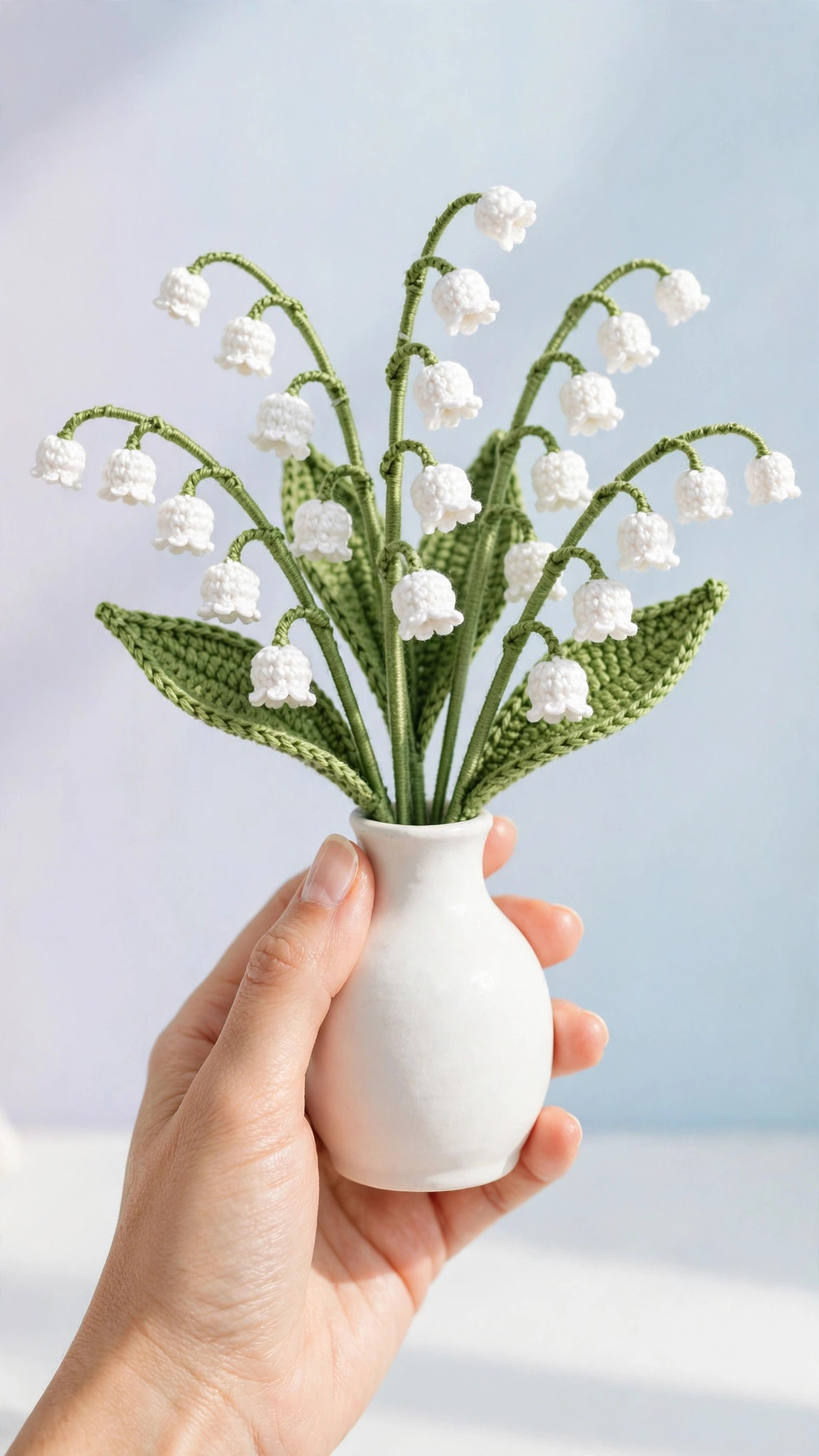 Crochet lily of the valley bouquet in a white vase against a soft background, a pet-safe free crochet flower pattern to make at home