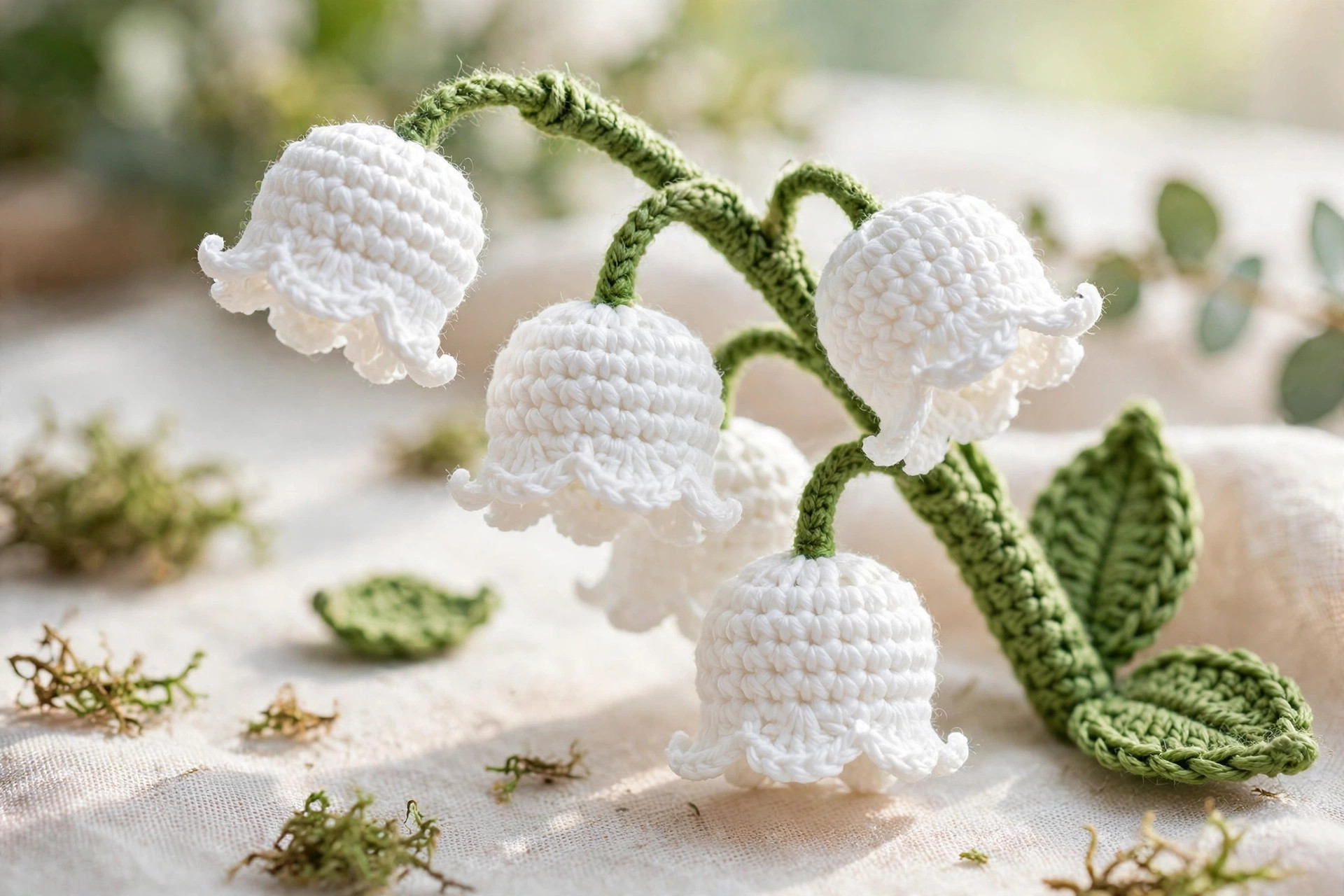 Close-up of crochet lily of the valley bell flowers showing the scalloped picot edge and tiny white cup stitches