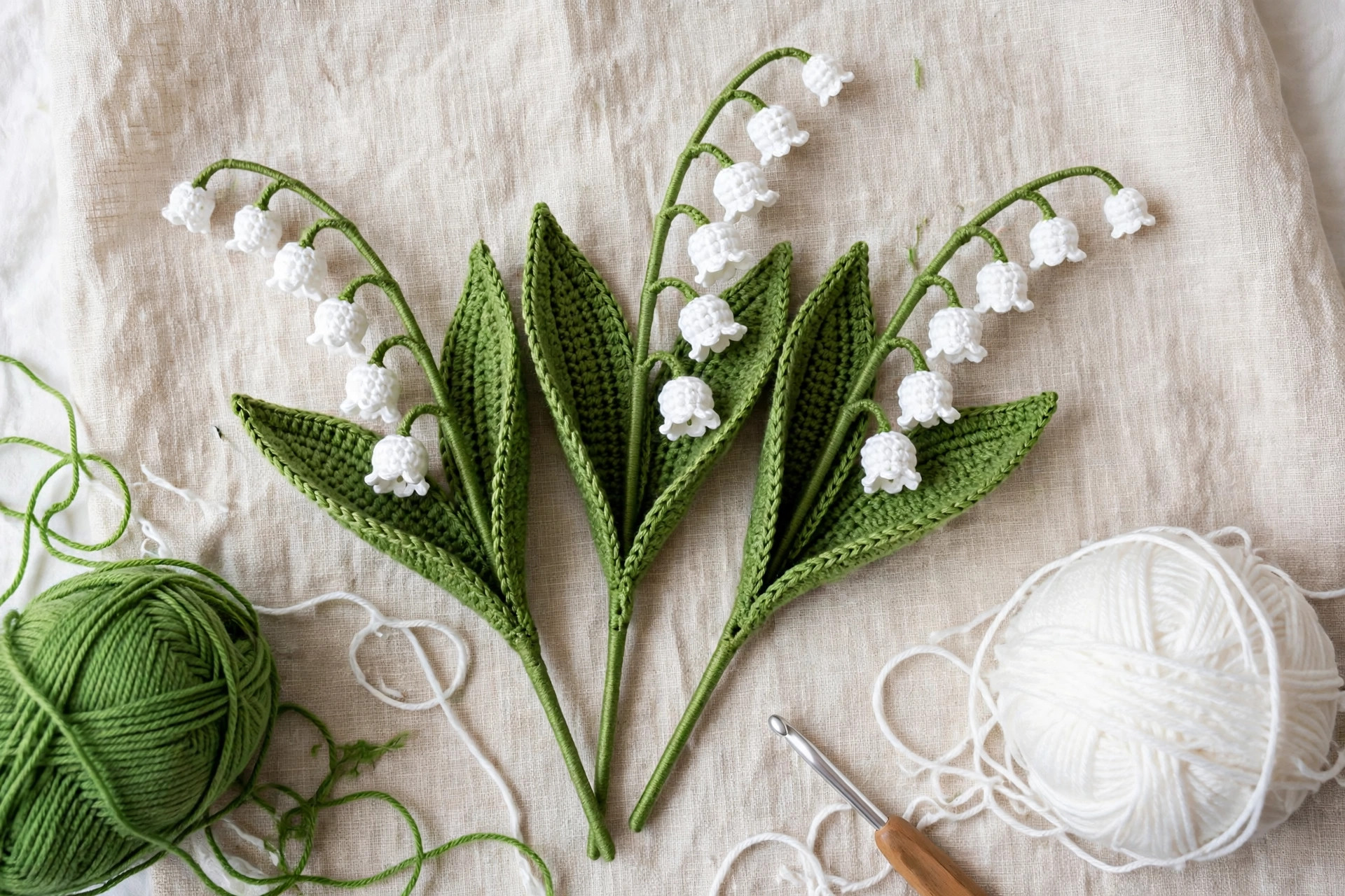 Crochet lily of the valley stems laid flat with yarn and hook, showing the bells, wired stem and two leaves for each stem