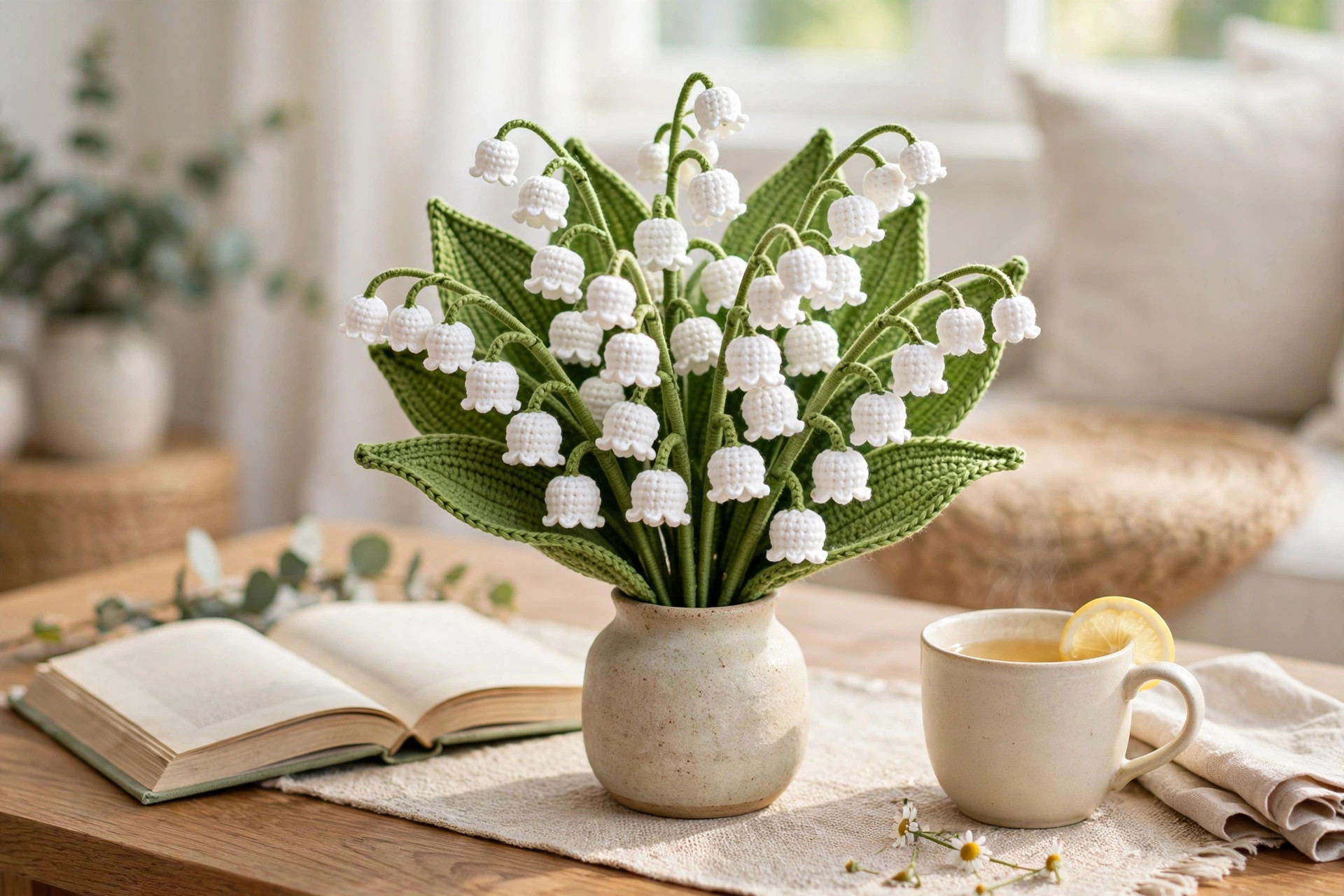 Finished crochet lily of the valley bouquet styled in a small vase on a table, a lasting pet-safe alternative to fresh flowers