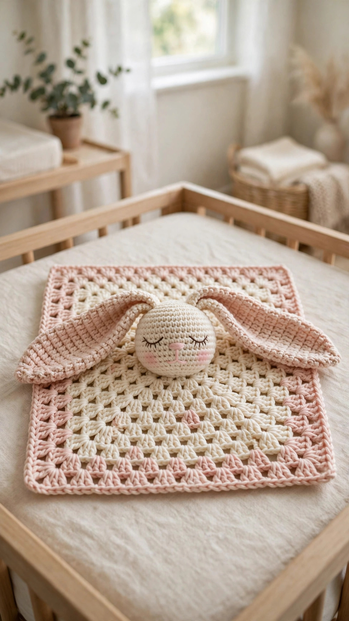 Lovey blanket crochet pattern with soft shell-stitch mini blanket and embroidered bunny head in a nursery