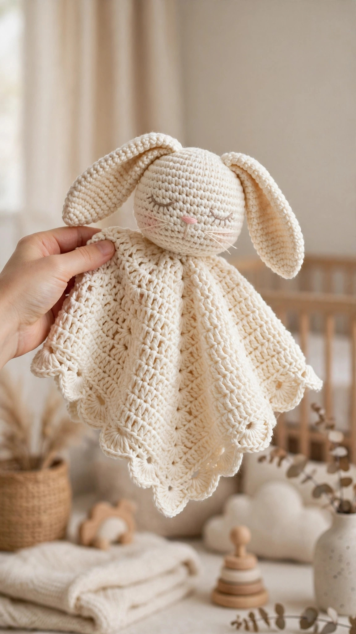 Pinterest-style crochet lovey blanket crochet pattern with bunny head and scalloped shell border