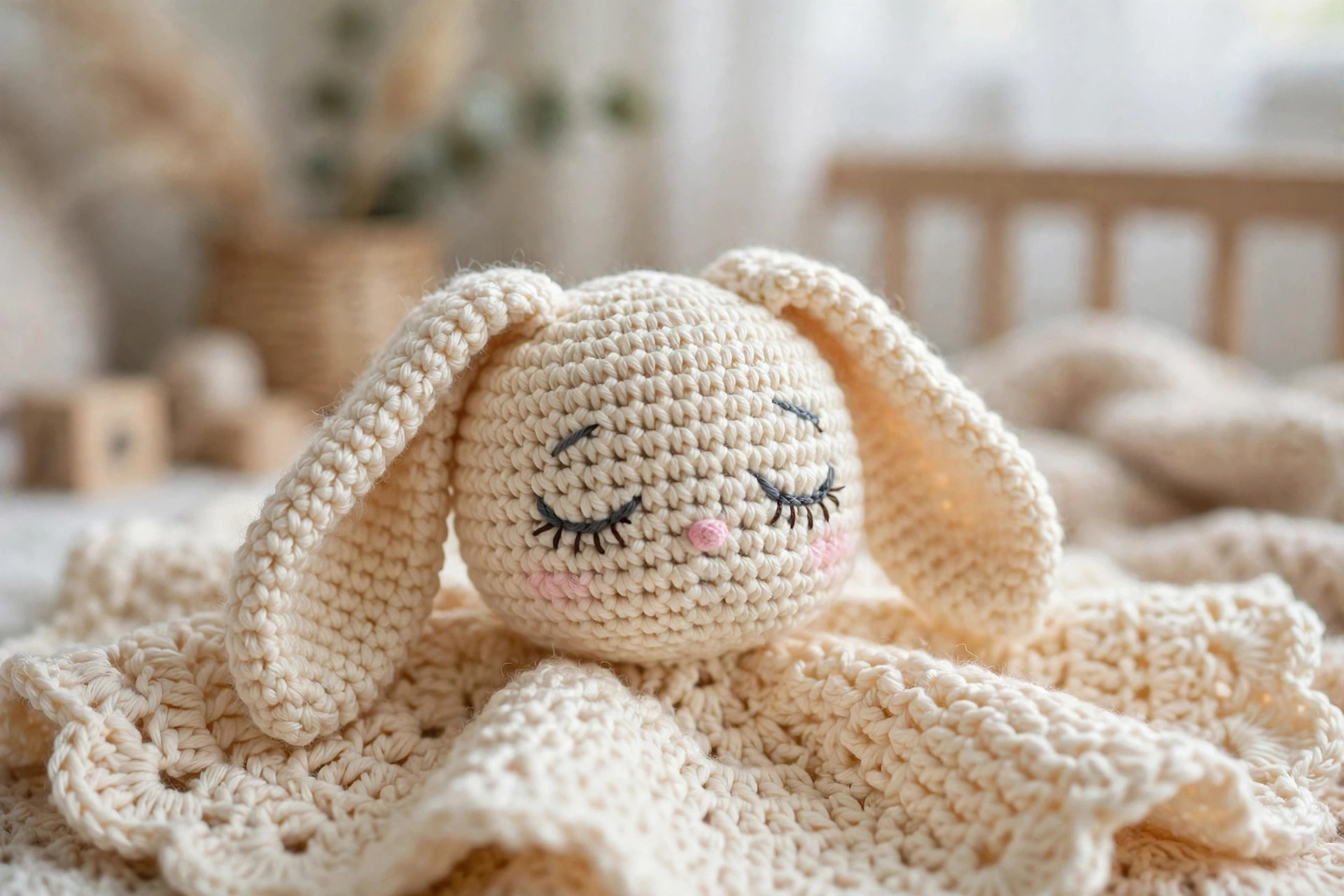 Close-up of the crochet bunny head with long ears and embroidered sleepy face on a lovey blanket crochet pattern