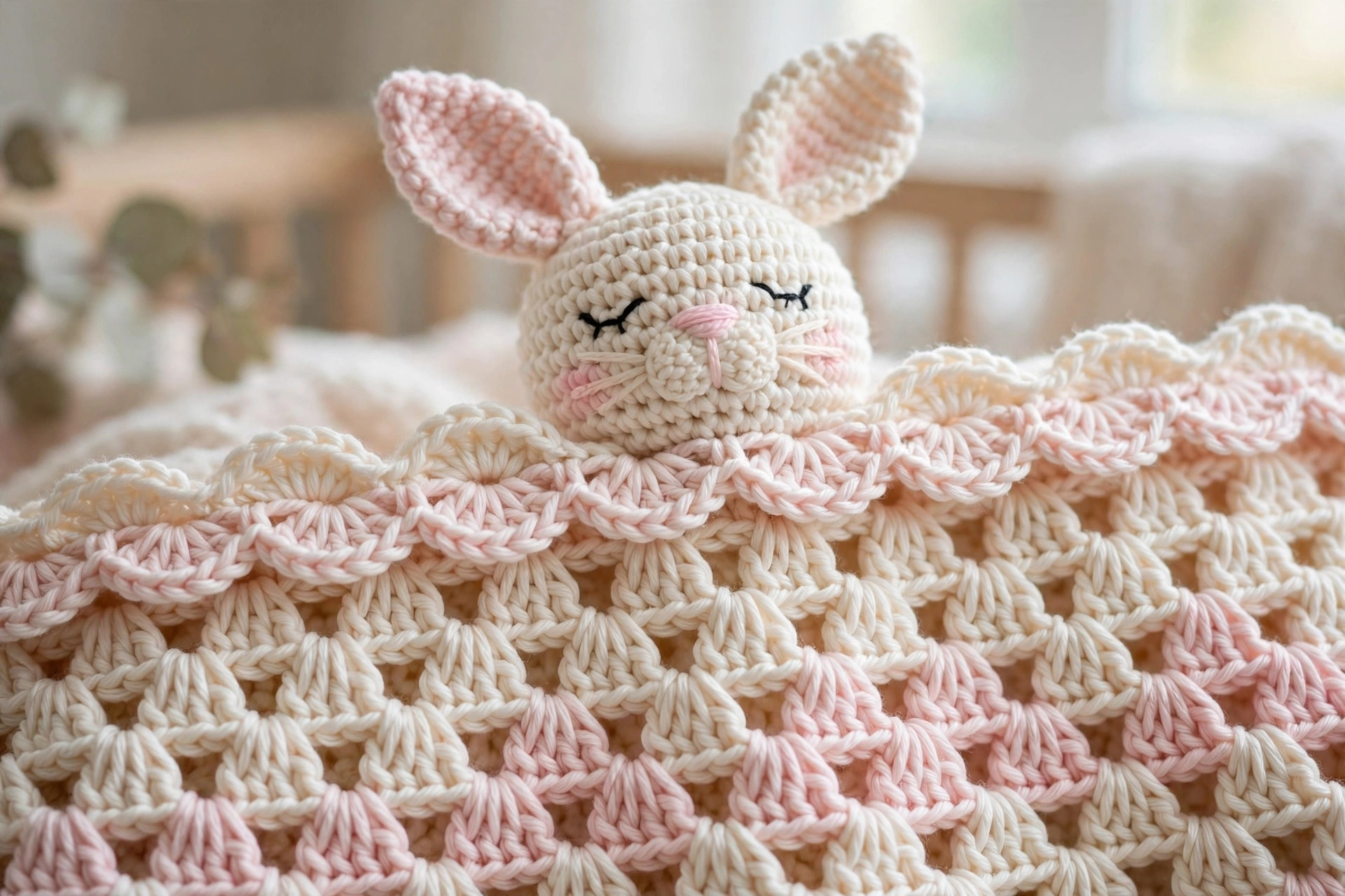 Close-up of the shell stitch texture and scalloped border of the lovey blanket crochet pattern