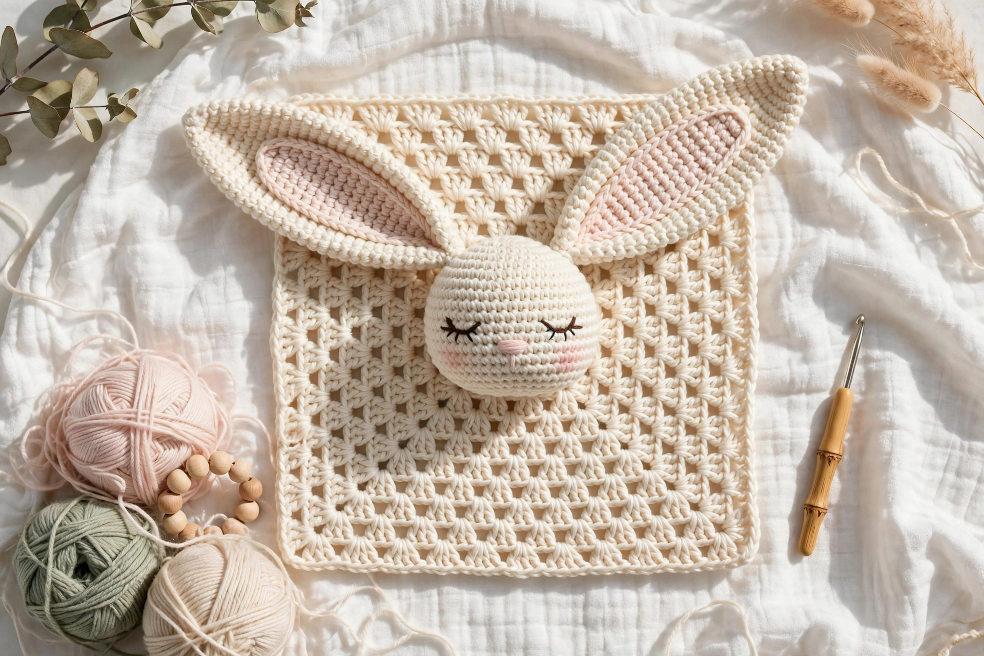 Flat lay of the finished lovey blanket crochet pattern with yarn balls and crochet hook beside it
