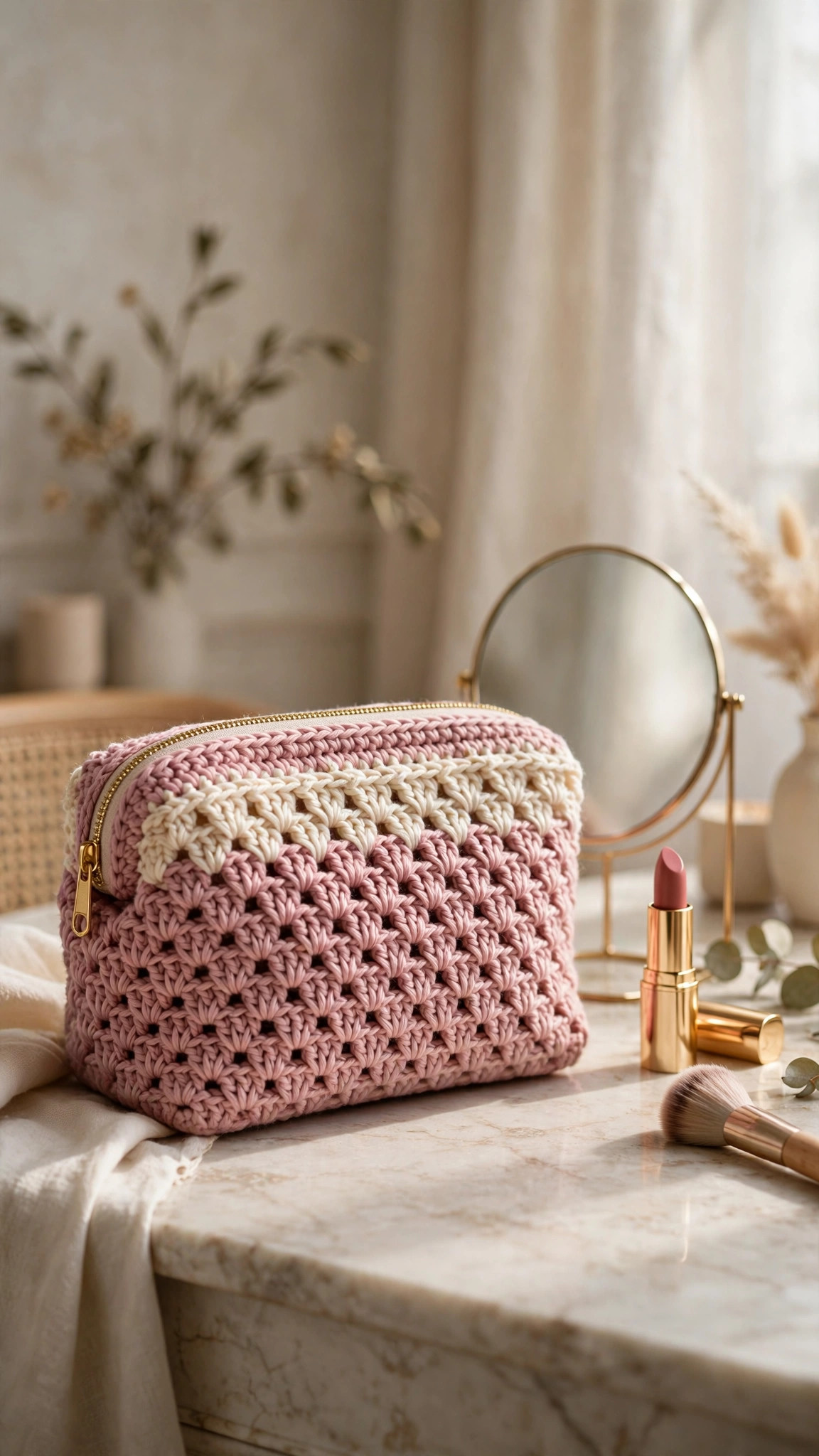 Makeup bag crochet pattern, a crochet makeup bag in dusty pink yarn with a cream shell stitch border on a vanity