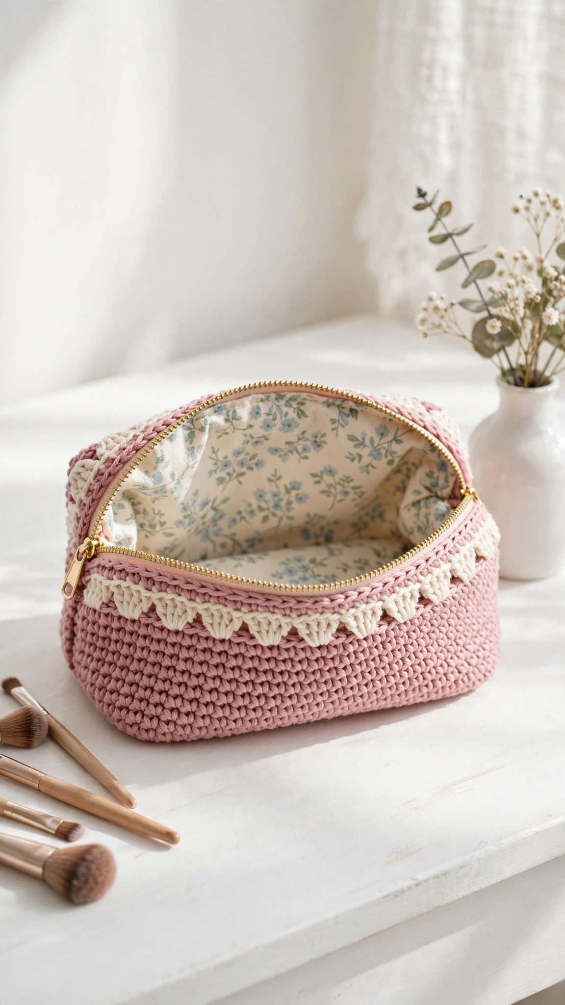 A crochet makeup bag in dusty pink yarn with a cream shell stitch border and gold zipper, open to show a fabric lining, on a white vanity