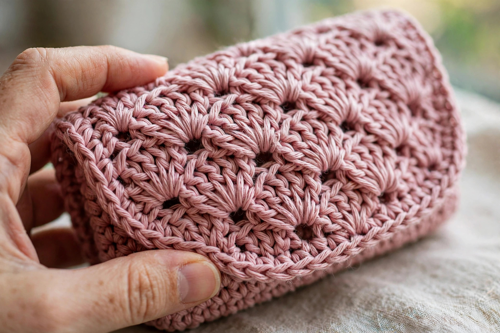 Close-up of the shell stitch border in dusty pink cotton yarn on a handmade crochet makeup bag