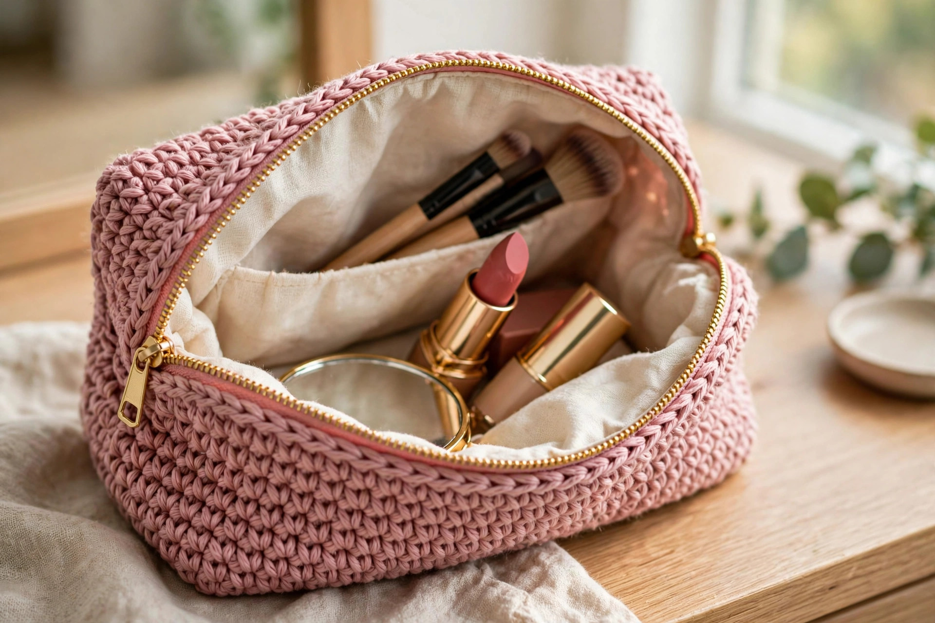 A crochet makeup bag in dusty pink yarn with a gold zipper, open on a vanity showing lipstick, brushes and a small mirror inside