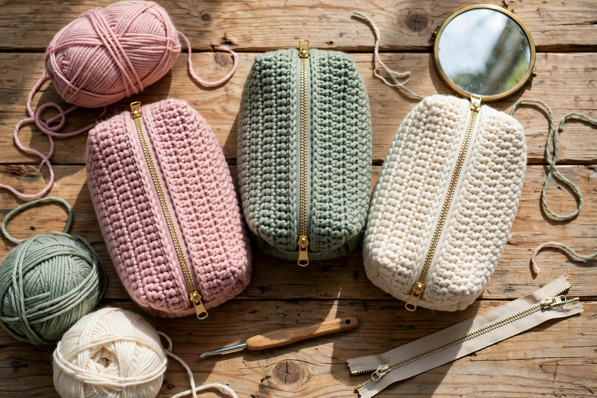 Flat lay of three finished crochet makeup bags in dusty pink, sage green and cream yarn with zippers, yarn balls and a crochet hook