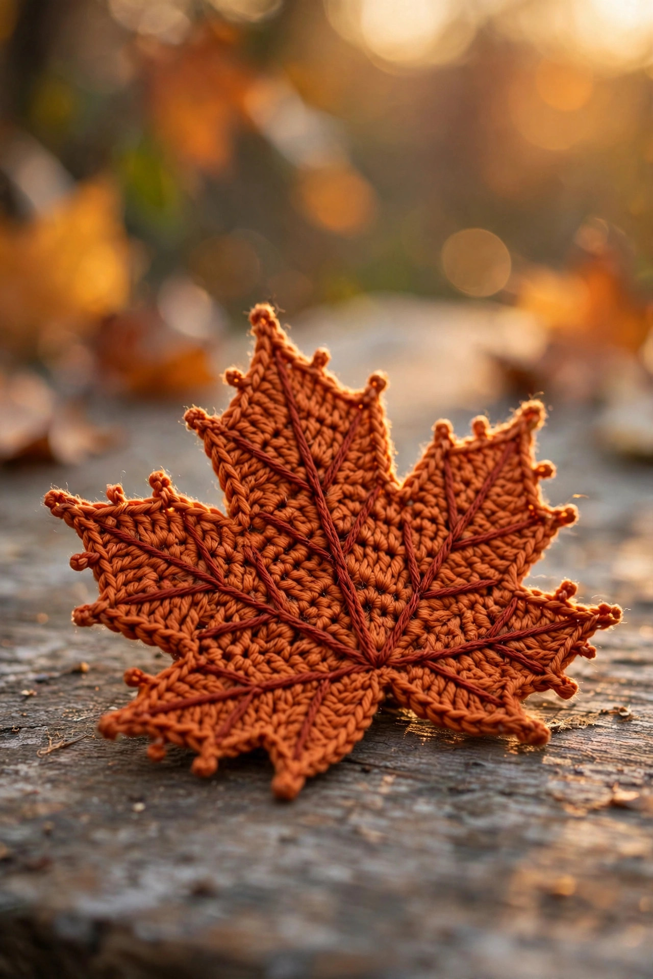 Maple leaves crochet pattern — handmade crocheted maple leaf in burnt orange with rust-red veins on a wooden table at golden hour