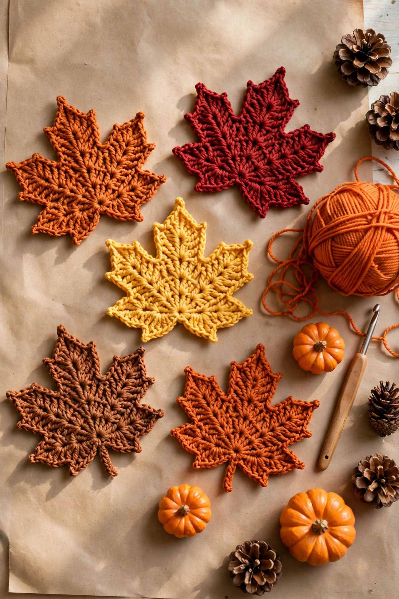 Flat lay of five crocheted maple leaves in burnt orange, red, gold and rust with mini pumpkins, yarn and a crochet hook — maple leaves crochet pattern