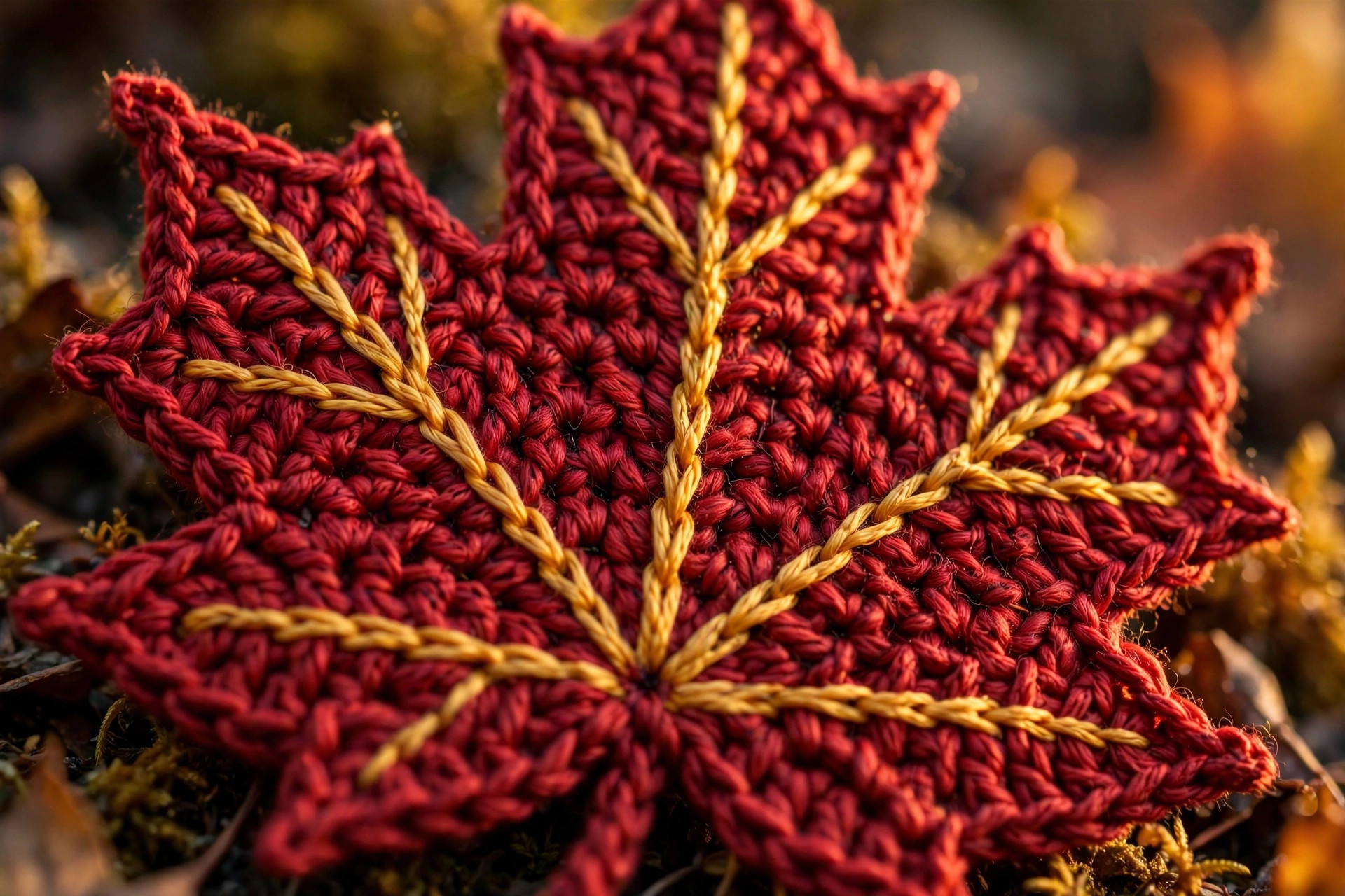 Extreme close-up of a deep red crocheted maple leaf showing single-crochet texture and golden surface-stitch veins — maple leaves crochet pattern detail