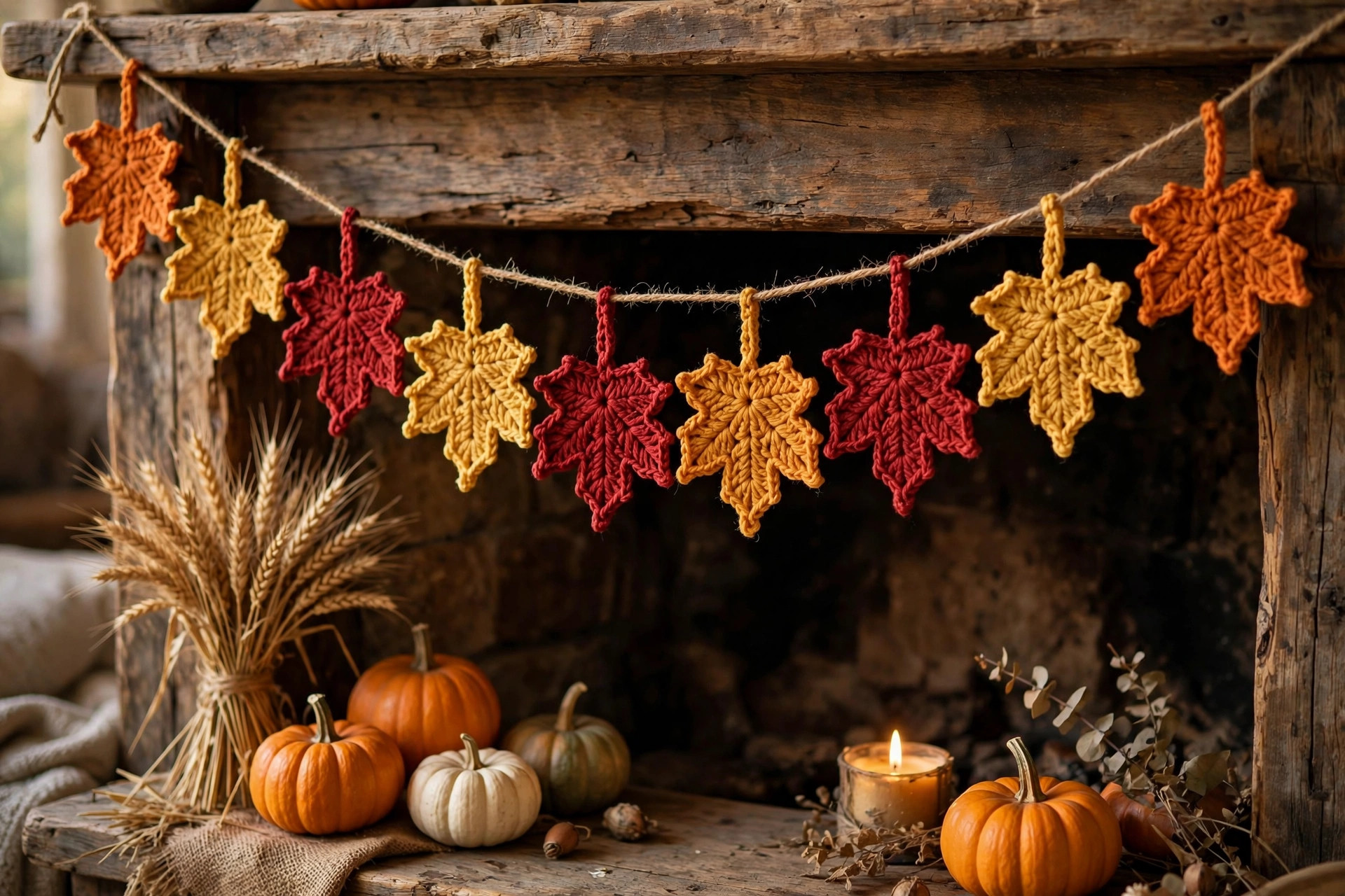 Crocheted maple leaf garland in orange, red and gold draped over a rustic mantel with pumpkins and candles — maple leaves crochet pattern